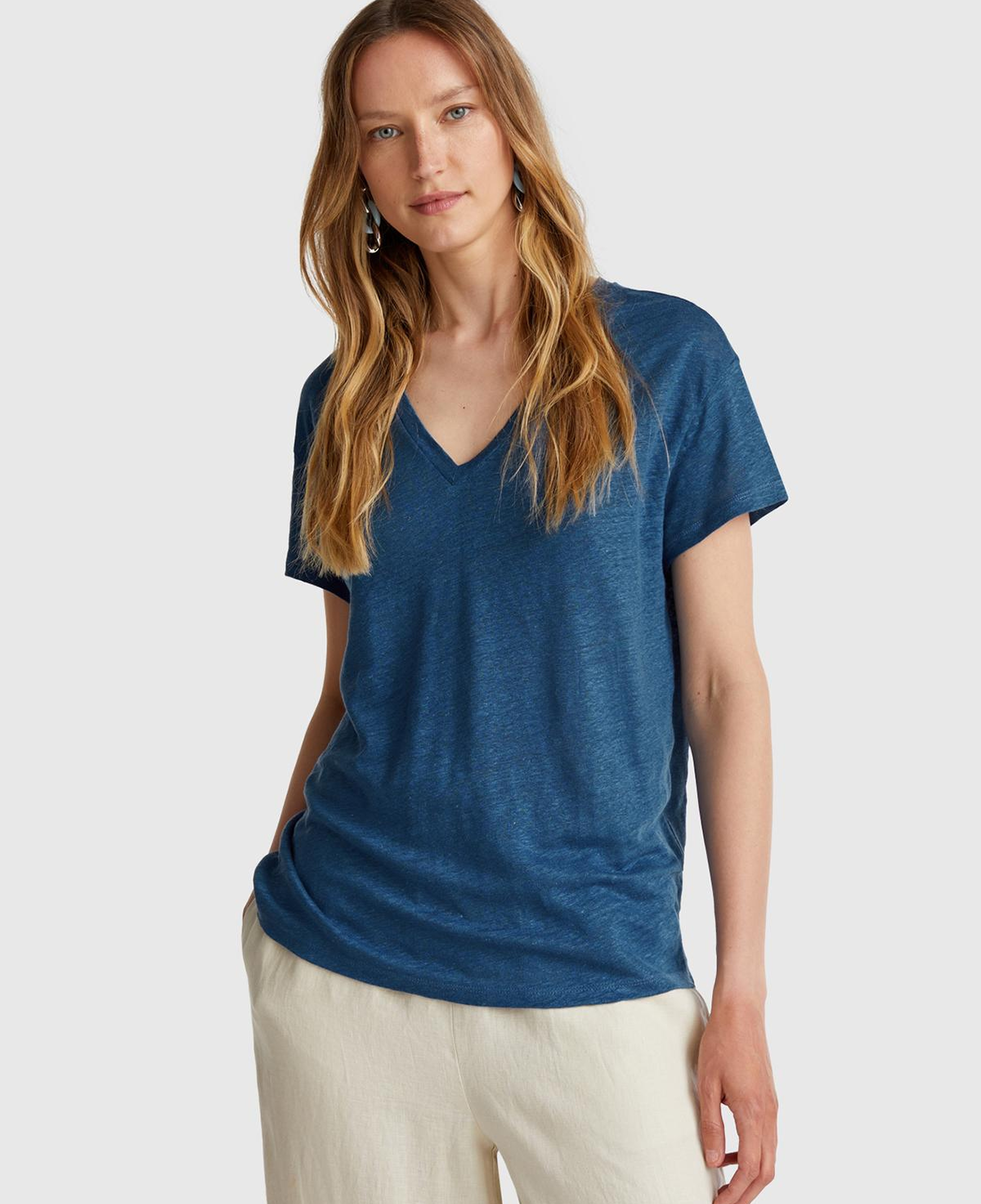 Kadın Denim %100 Keten Düşük Omuzlu Relax Fit V Yaka T-Shirt