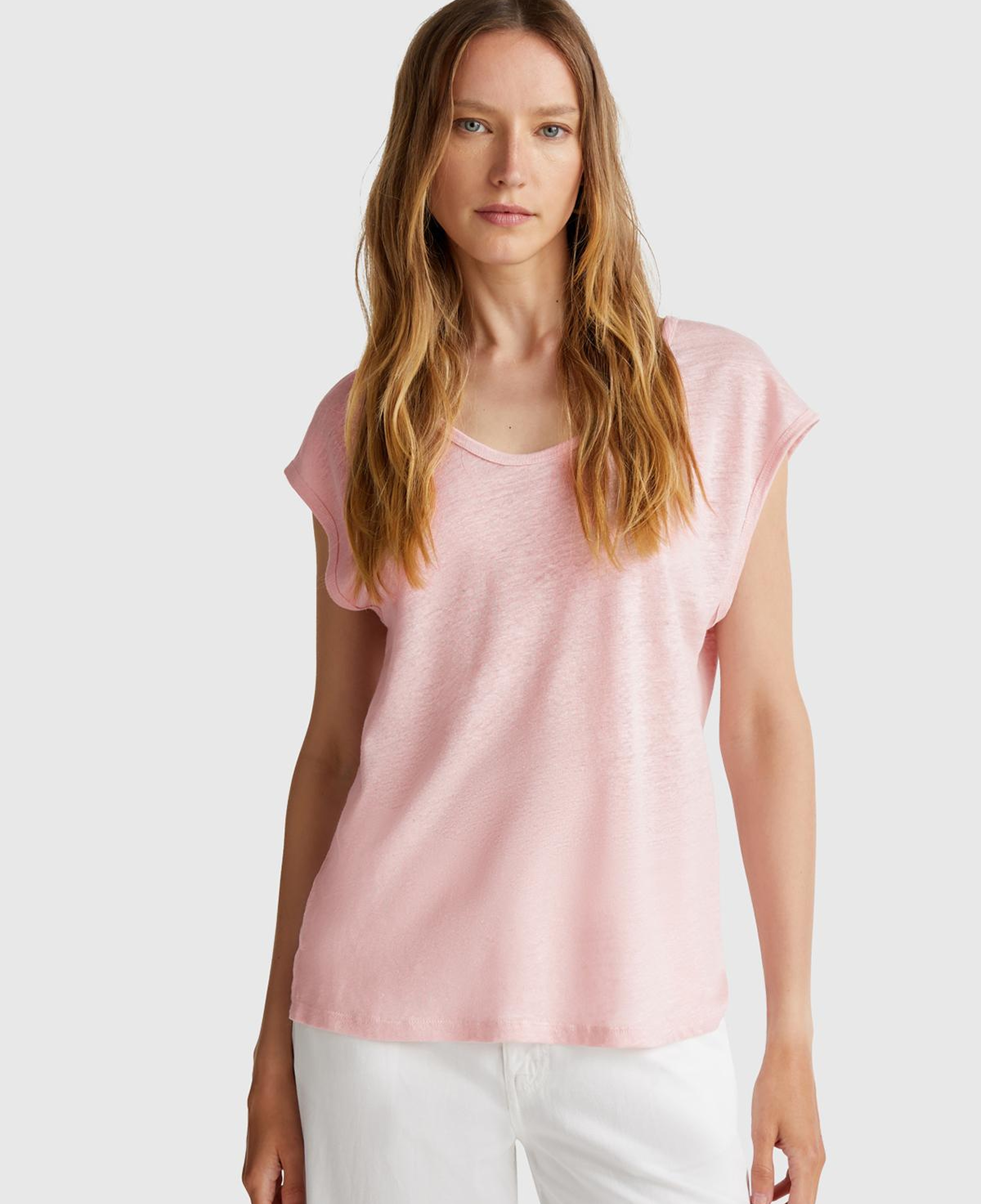 Kadın Pembe %100 Keten Yanları Yırtmaçlı Relax Fit Yuvarlak Yaka T-Shirt