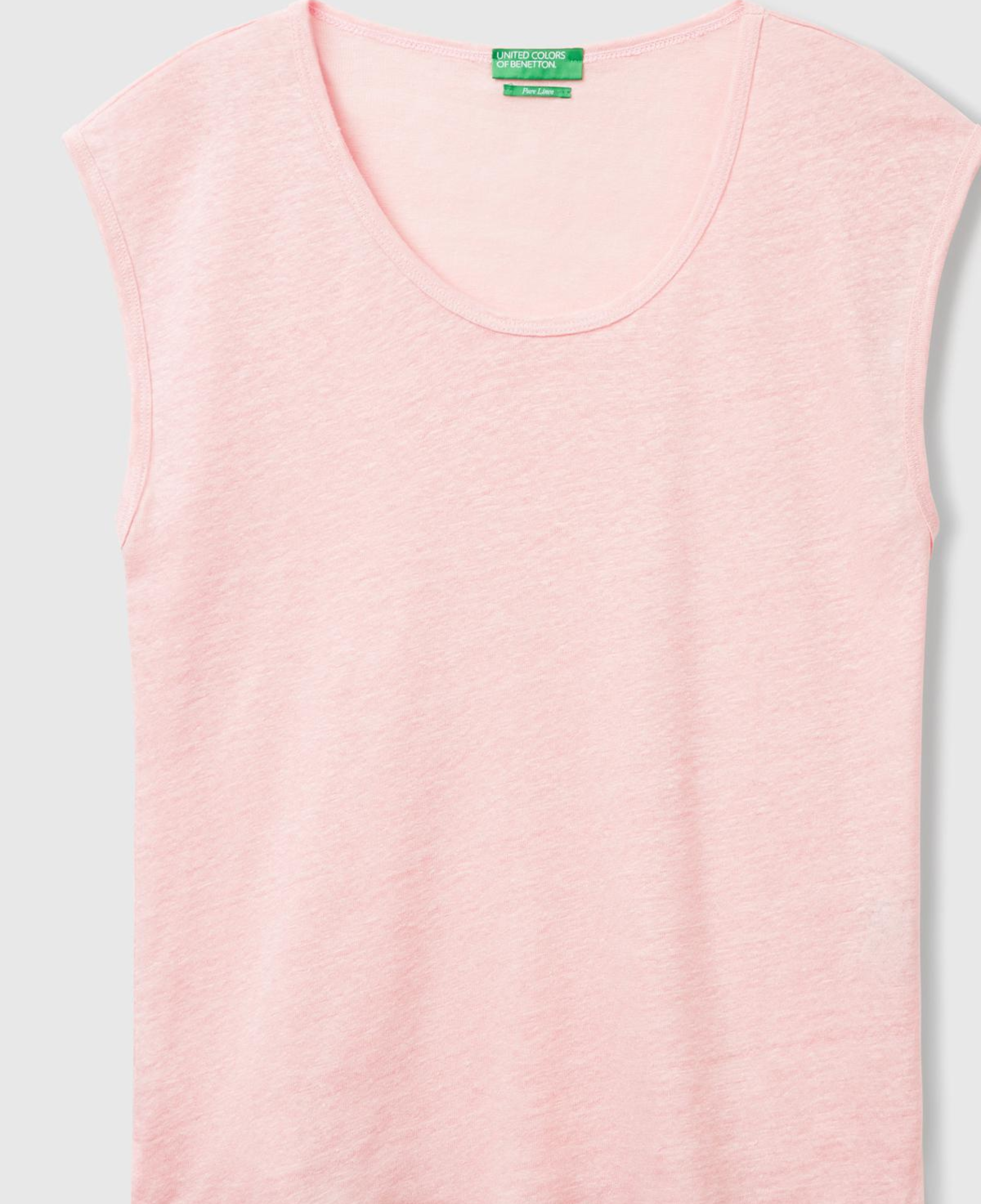 Kadın Pembe %100 Keten Yanları Yırtmaçlı Relax Fit Yuvarlak Yaka T-Shirt