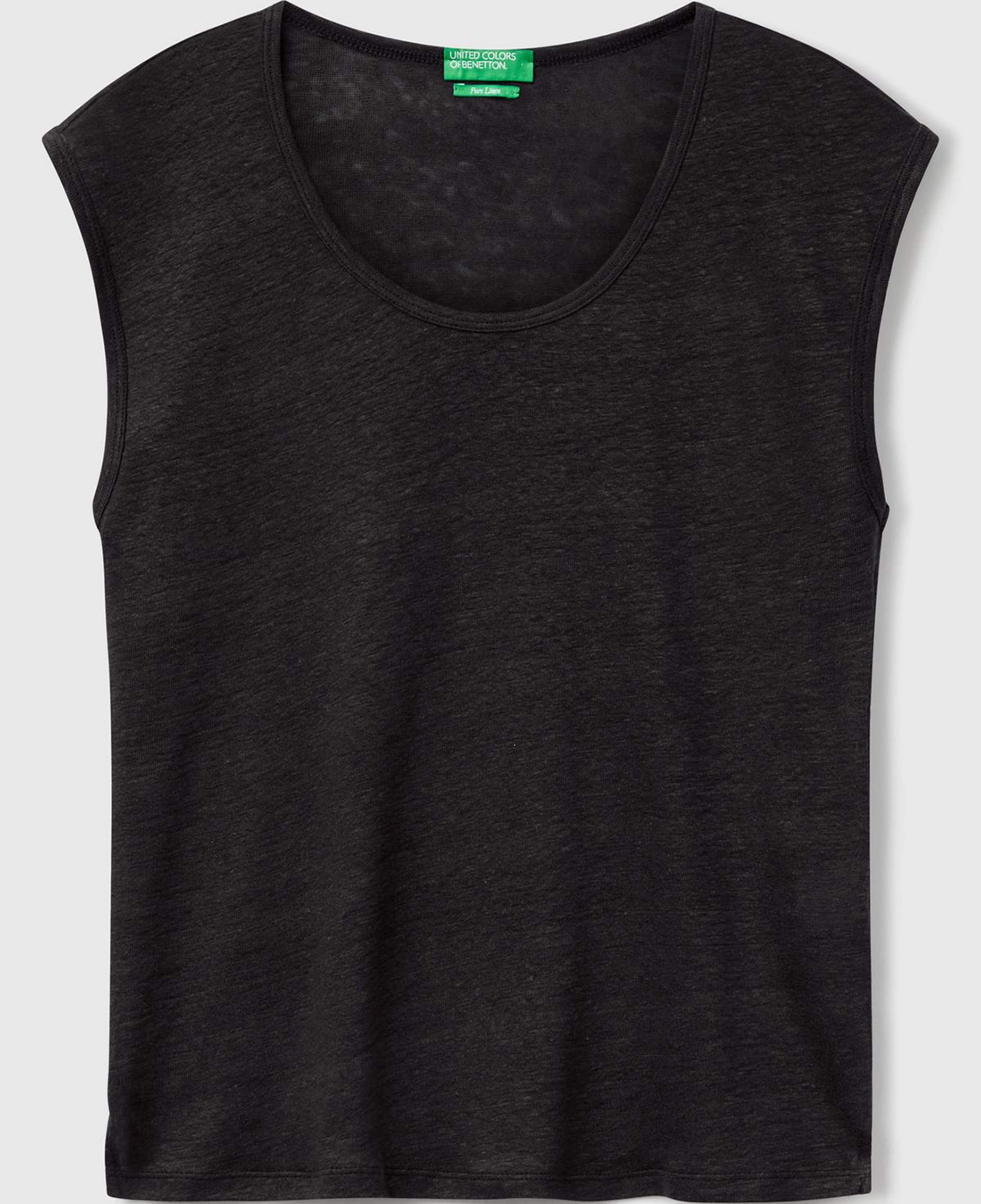 Kadın Siyah %100 Keten Yanları Yırtmaçlı Relax Fit Yuvarlak Yaka T-Shirt