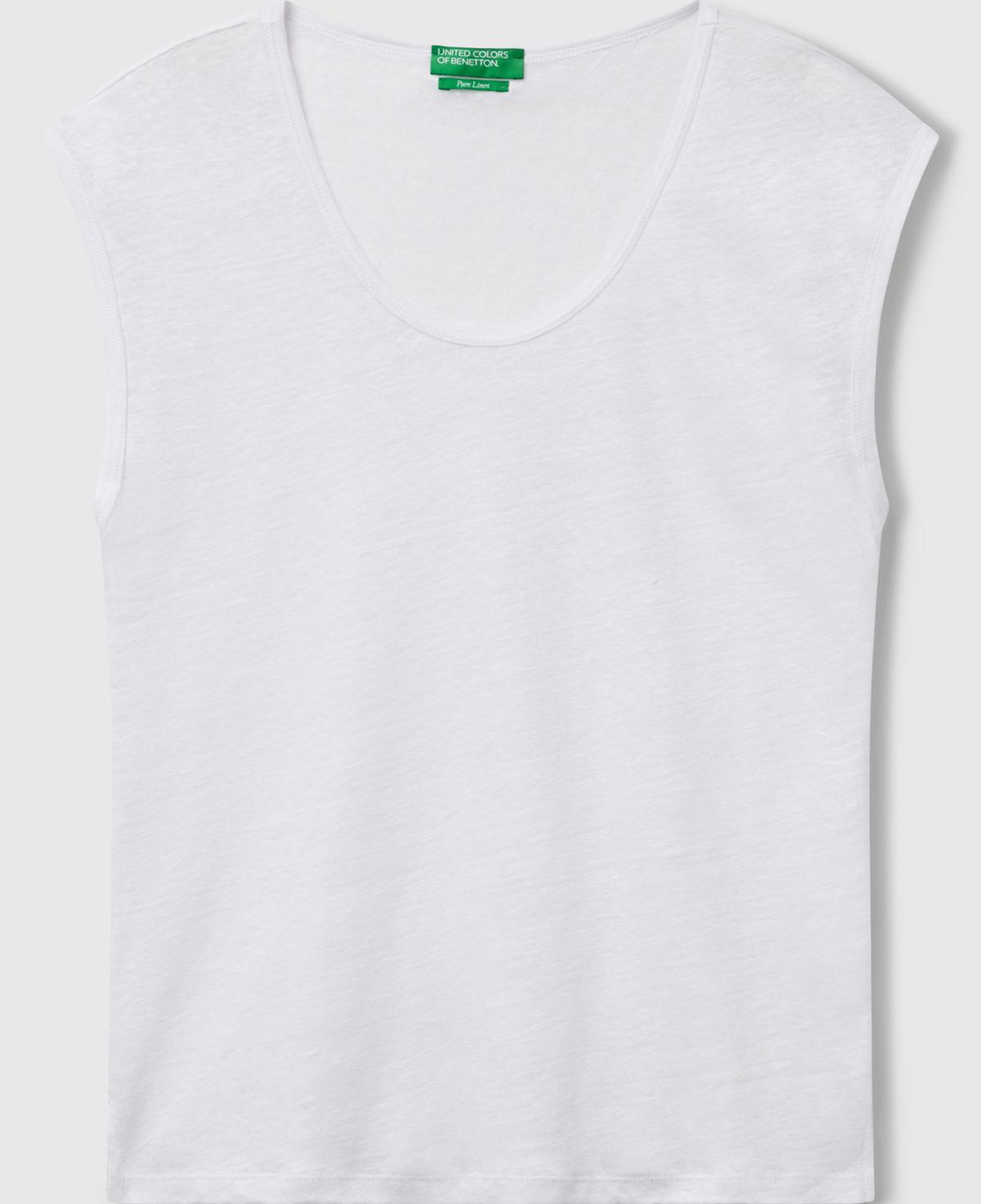 Kadın Beyaz %100 Keten Yanları Yırtmaçlı Relax Fit Yuvarlak Yaka T-Shirt