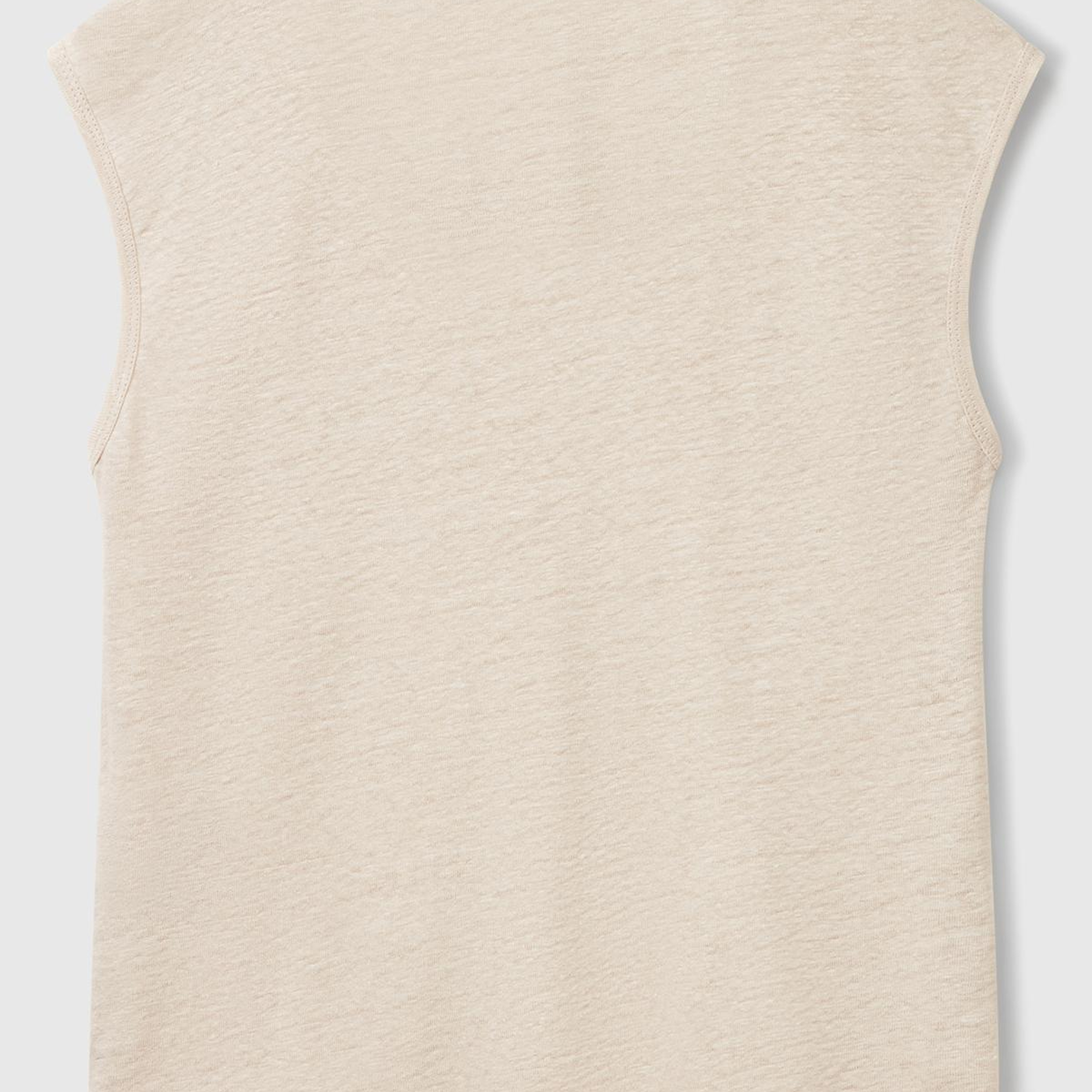 Kadın Taş Rengi %100 Keten Yanları Yırtmaçlı Relax Fit Yuvarlak Yaka T-Shirt