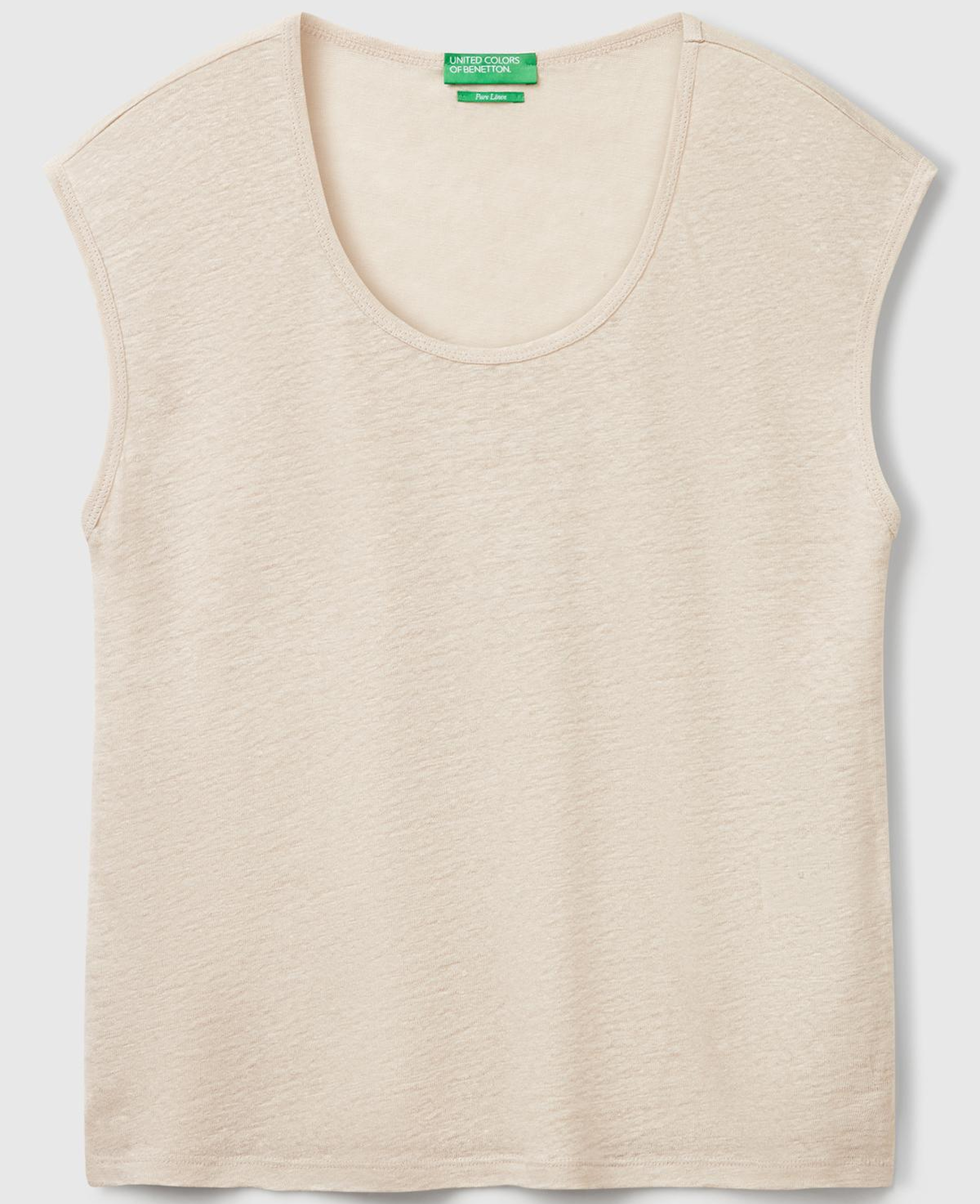 Kadın Taş Rengi %100 Keten Yanları Yırtmaçlı Relax Fit Yuvarlak Yaka T-Shirt