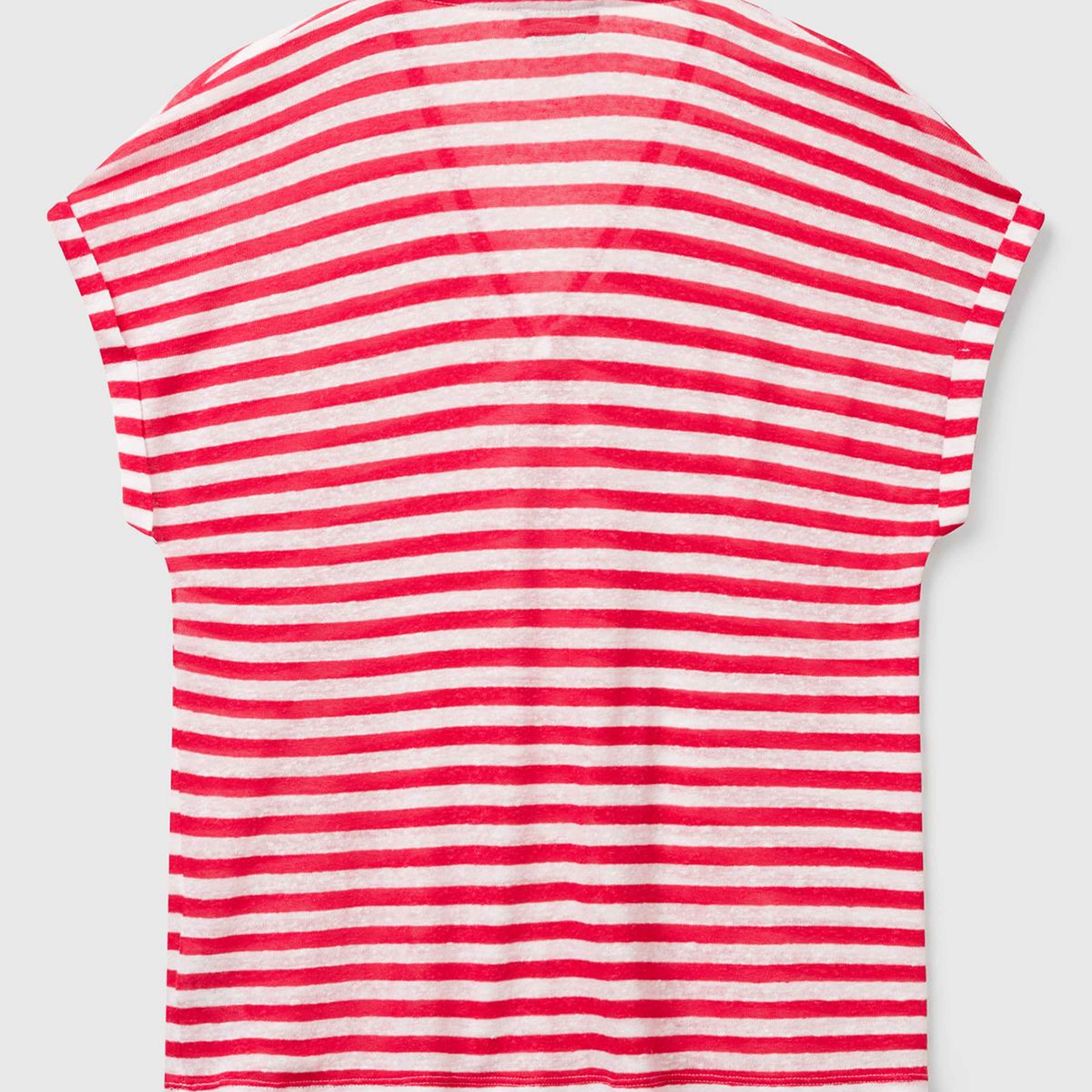 Kadın Fuşya Mix Keten Karışımlı Rahat Kalıp Çizgili V Yaka T-Shirt