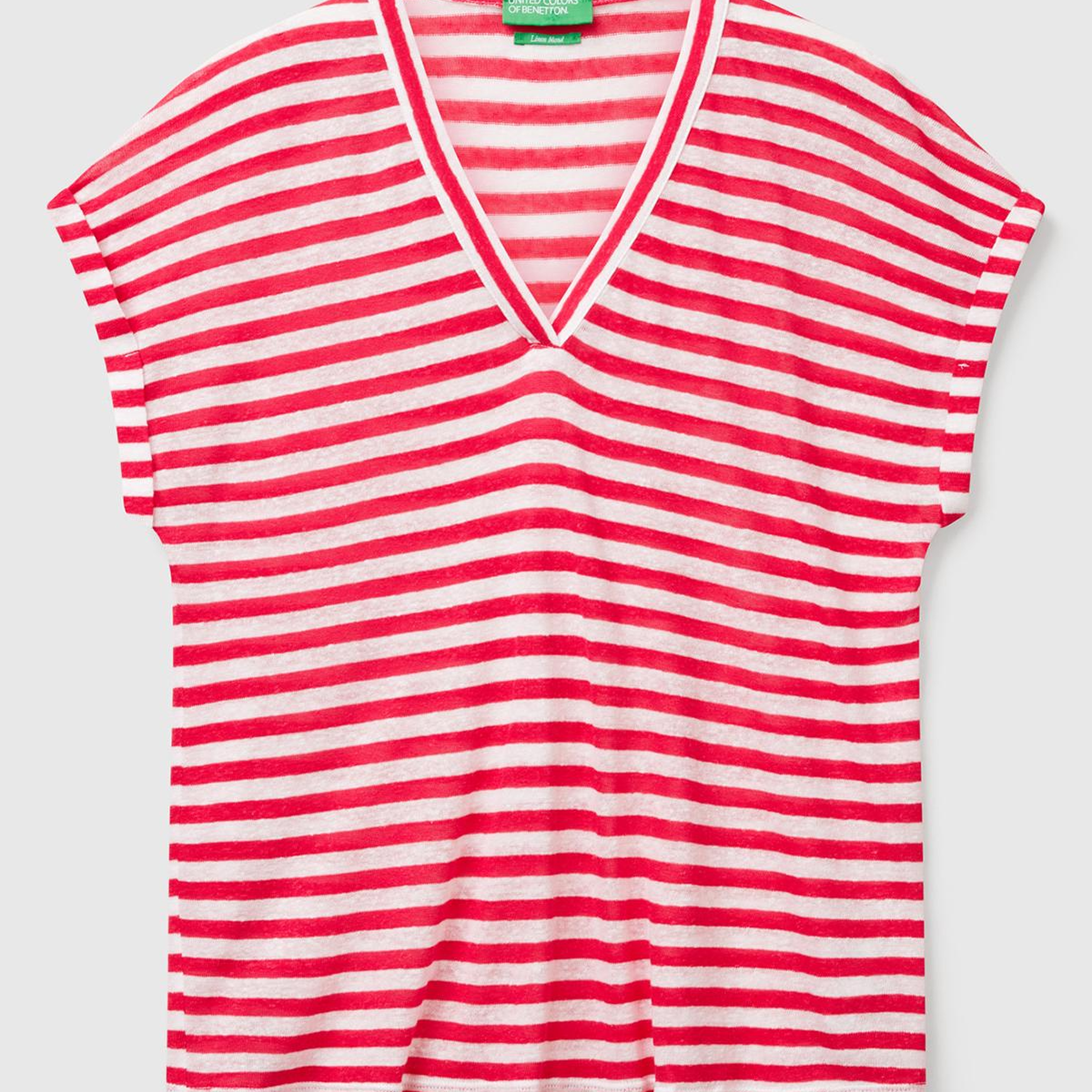 Kadın Fuşya Mix Keten Karışımlı Rahat Kalıp Çizgili V Yaka T-Shirt