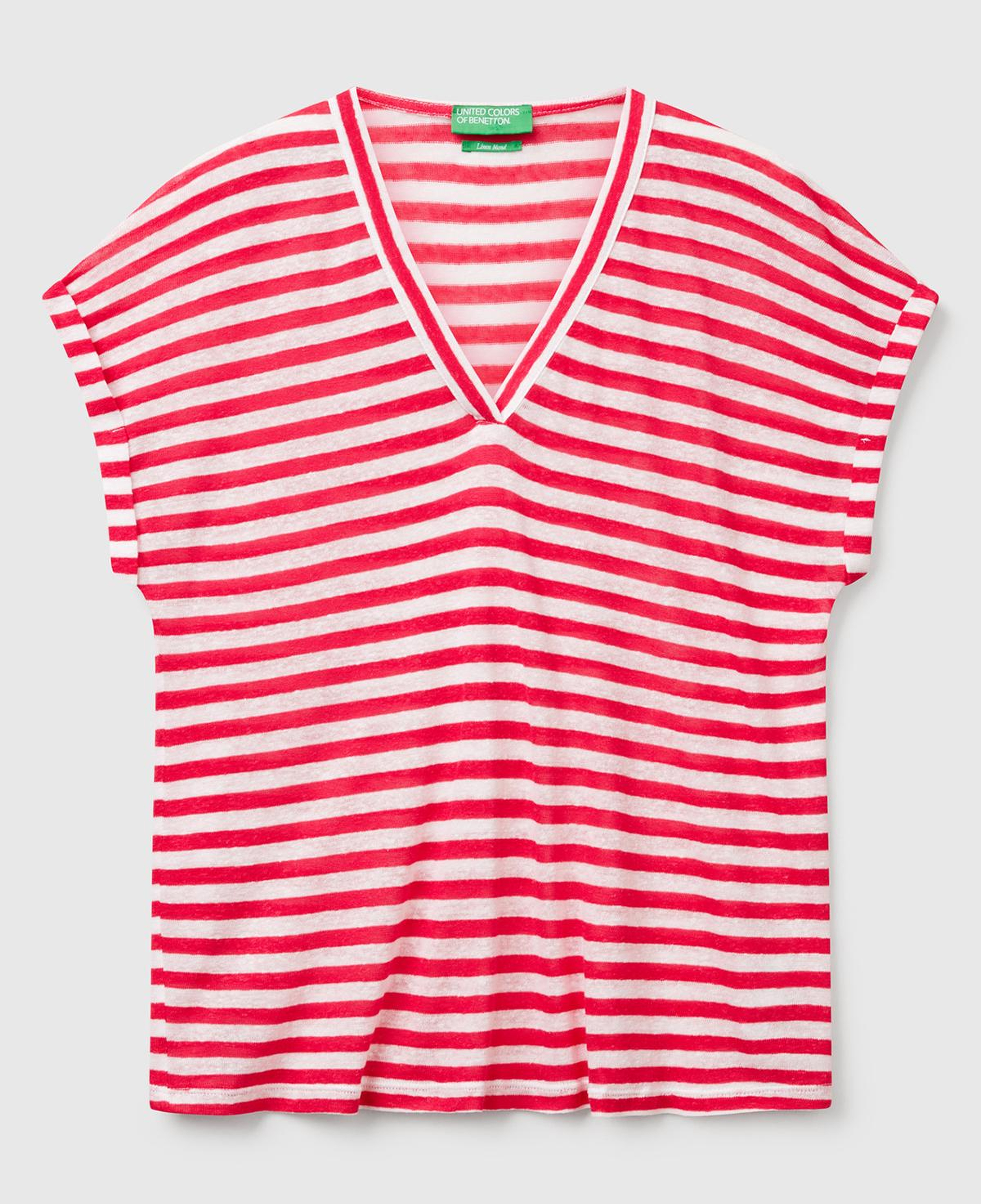 Kadın Fuşya Mix Keten Karışımlı Rahat Kalıp Çizgili V Yaka T-Shirt