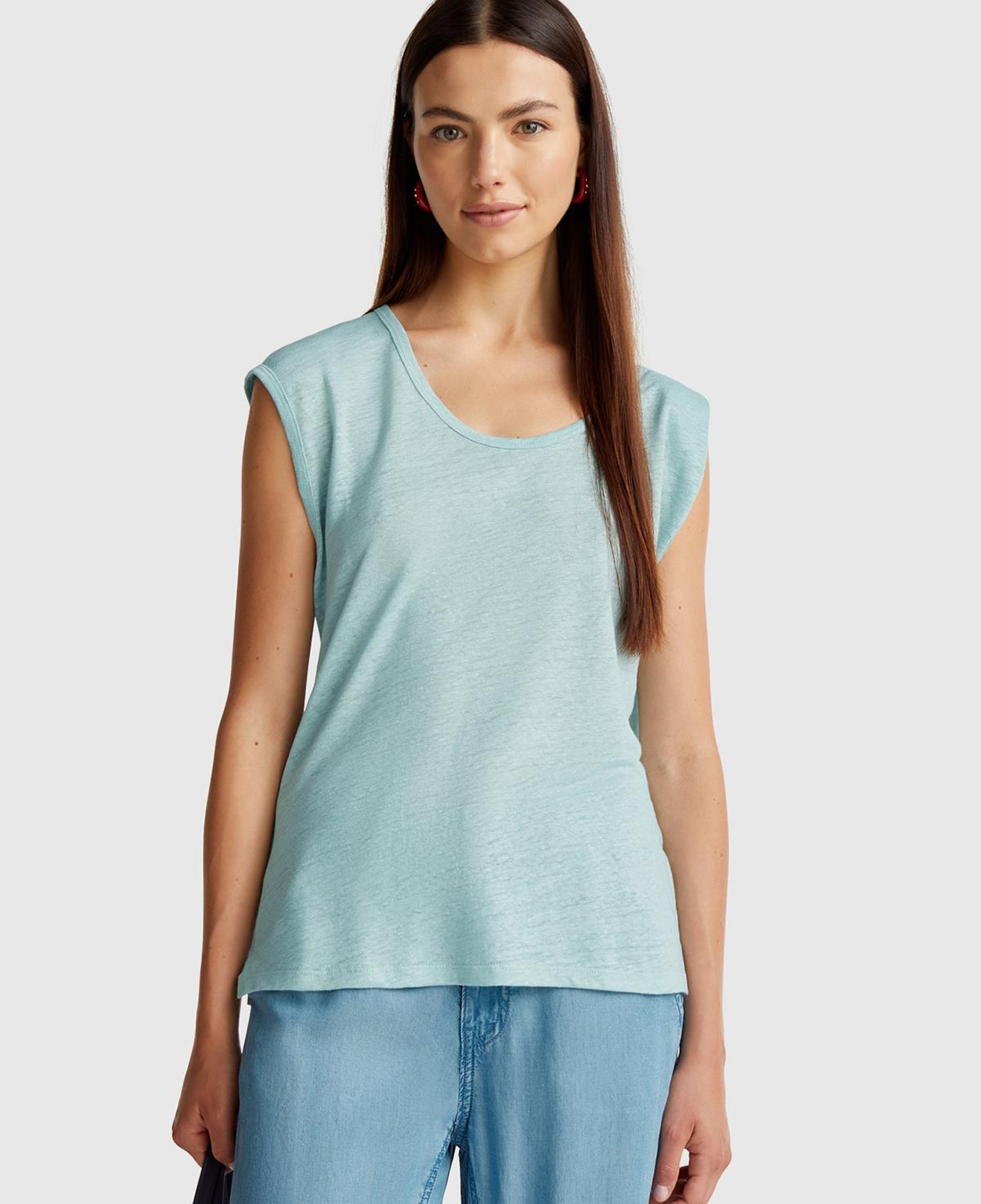 Kadın Su Yeşili %100 Keten Yanları Yırtmaçlı Relax Fit Yuvarlak Yaka T-Shirt