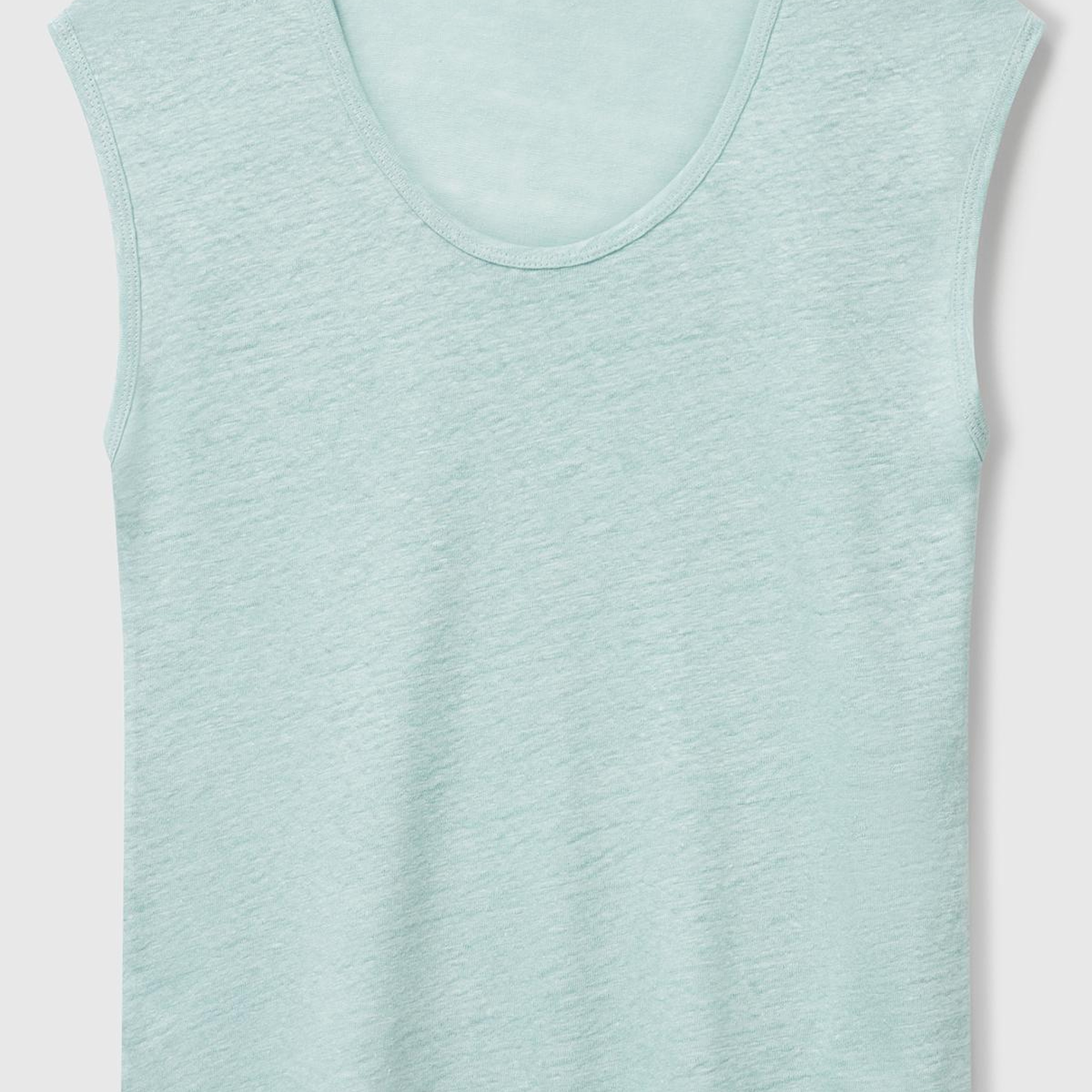 Kadın Su Yeşili %100 Keten Yanları Yırtmaçlı Relax Fit Yuvarlak Yaka T-Shirt