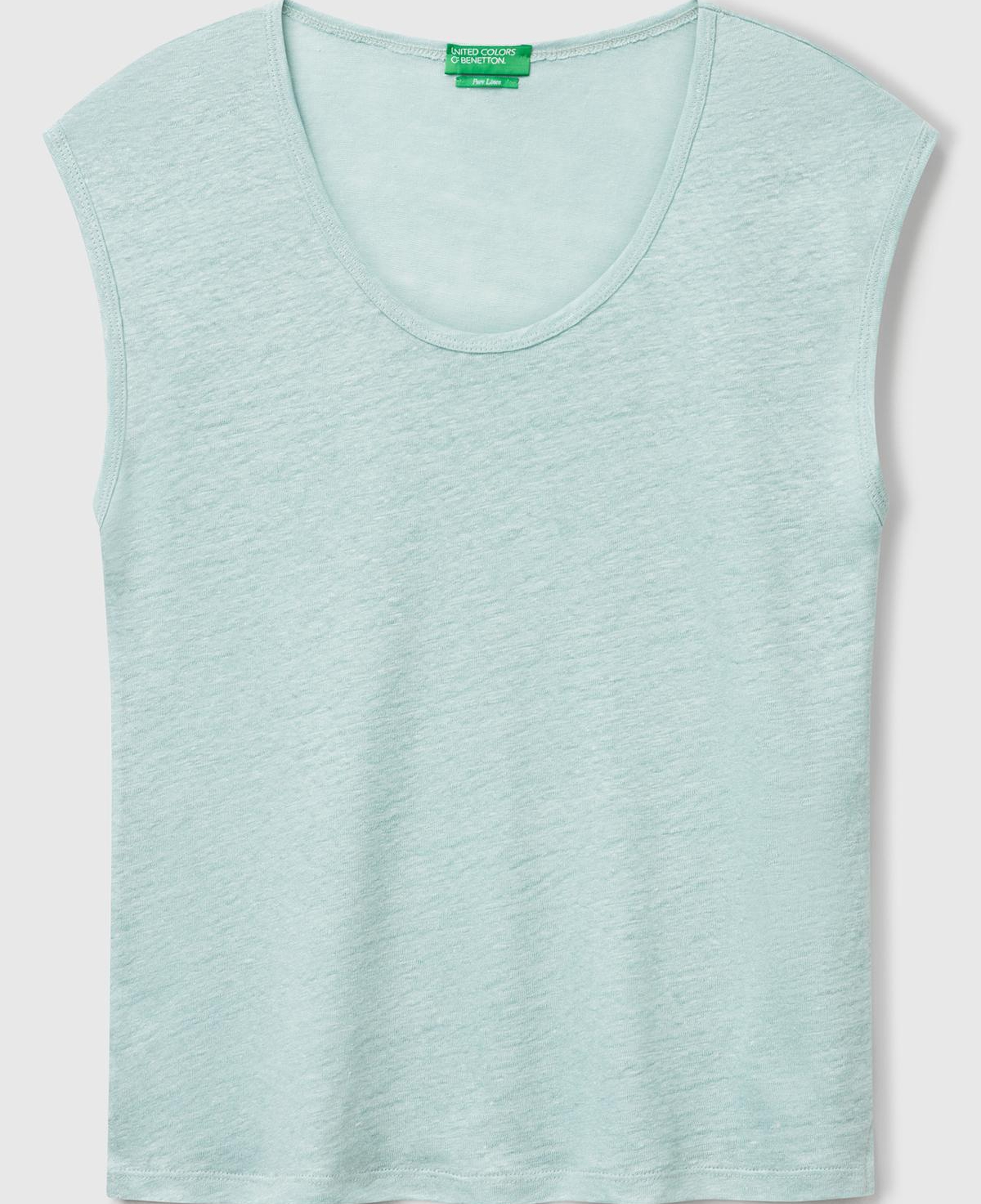 Kadın Su Yeşili %100 Keten Yanları Yırtmaçlı Relax Fit Yuvarlak Yaka T-Shirt