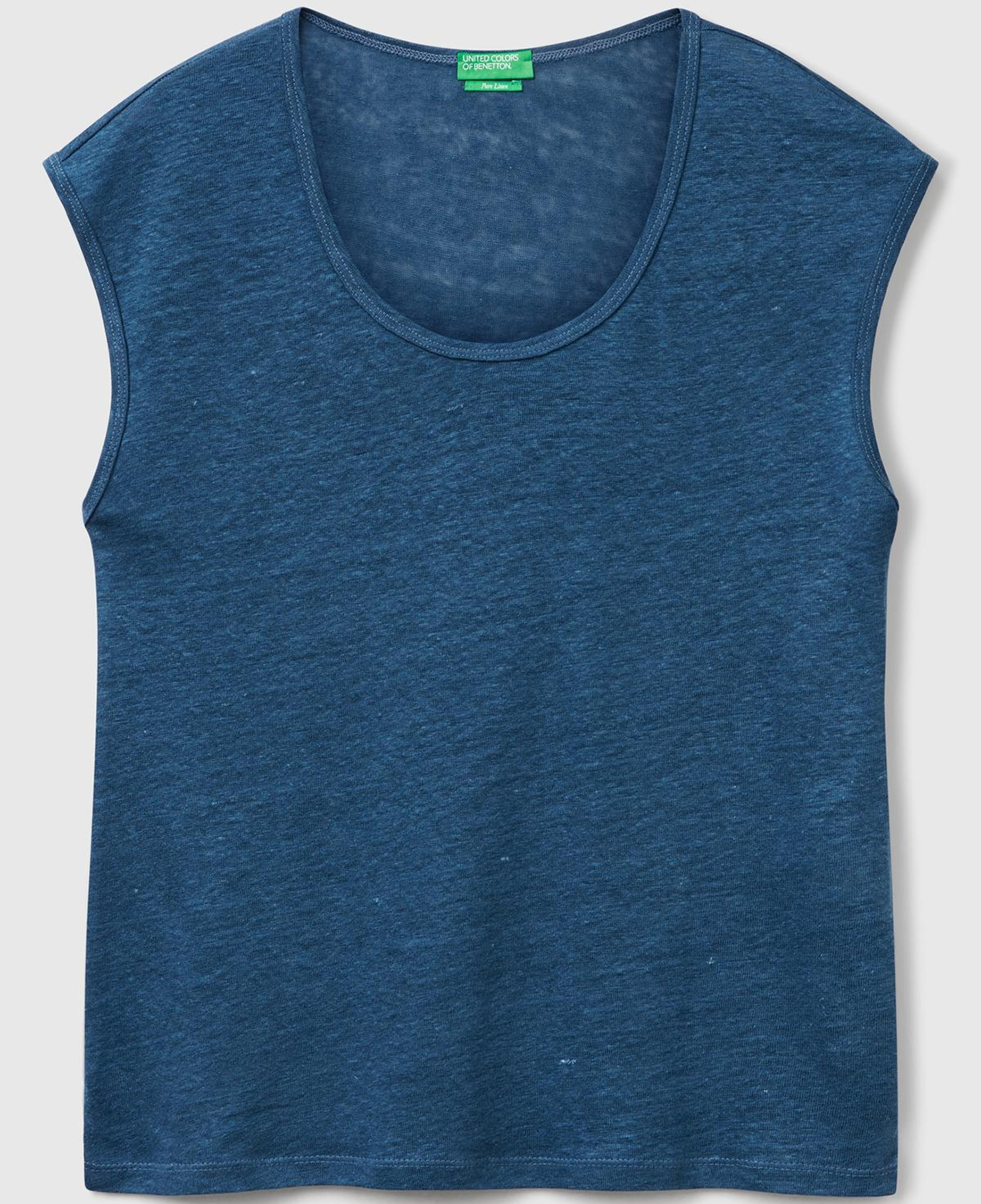 Kadın Denim %100 Keten Yanları Yırtmaçlı Relax Fit Yuvarlak Yaka T-Shirt