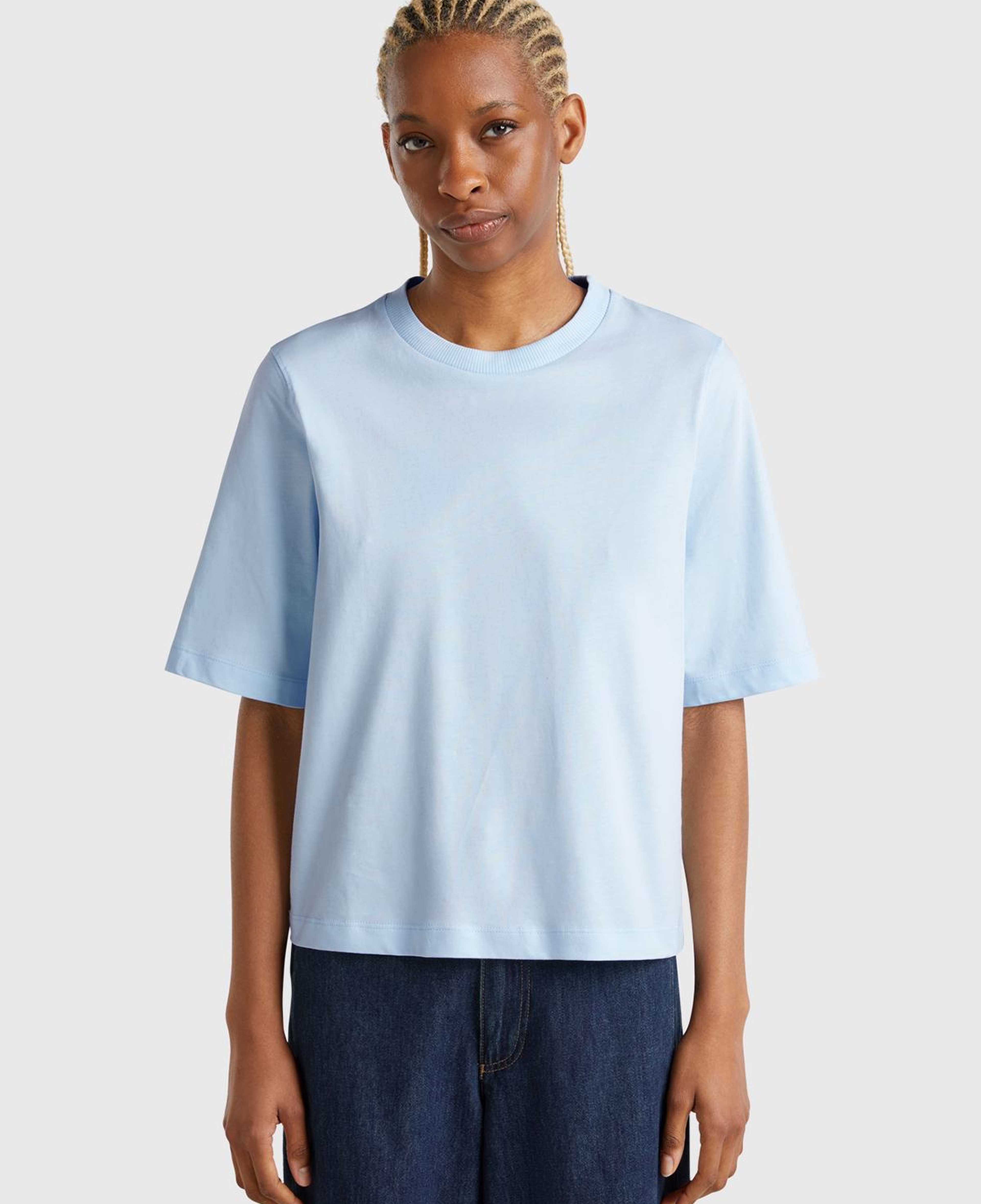 Kadın Açık Mavi %100 Koton Boxy Fit T-Shirt