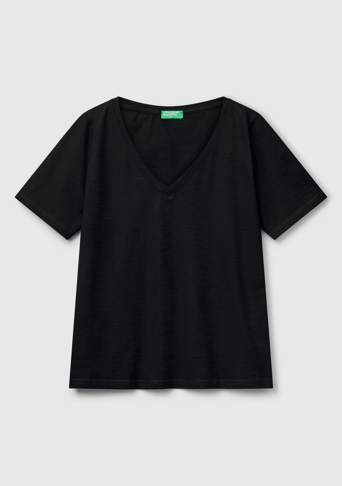 Kadın Siyah %100 Koton V Yaka Slub T-Shirt