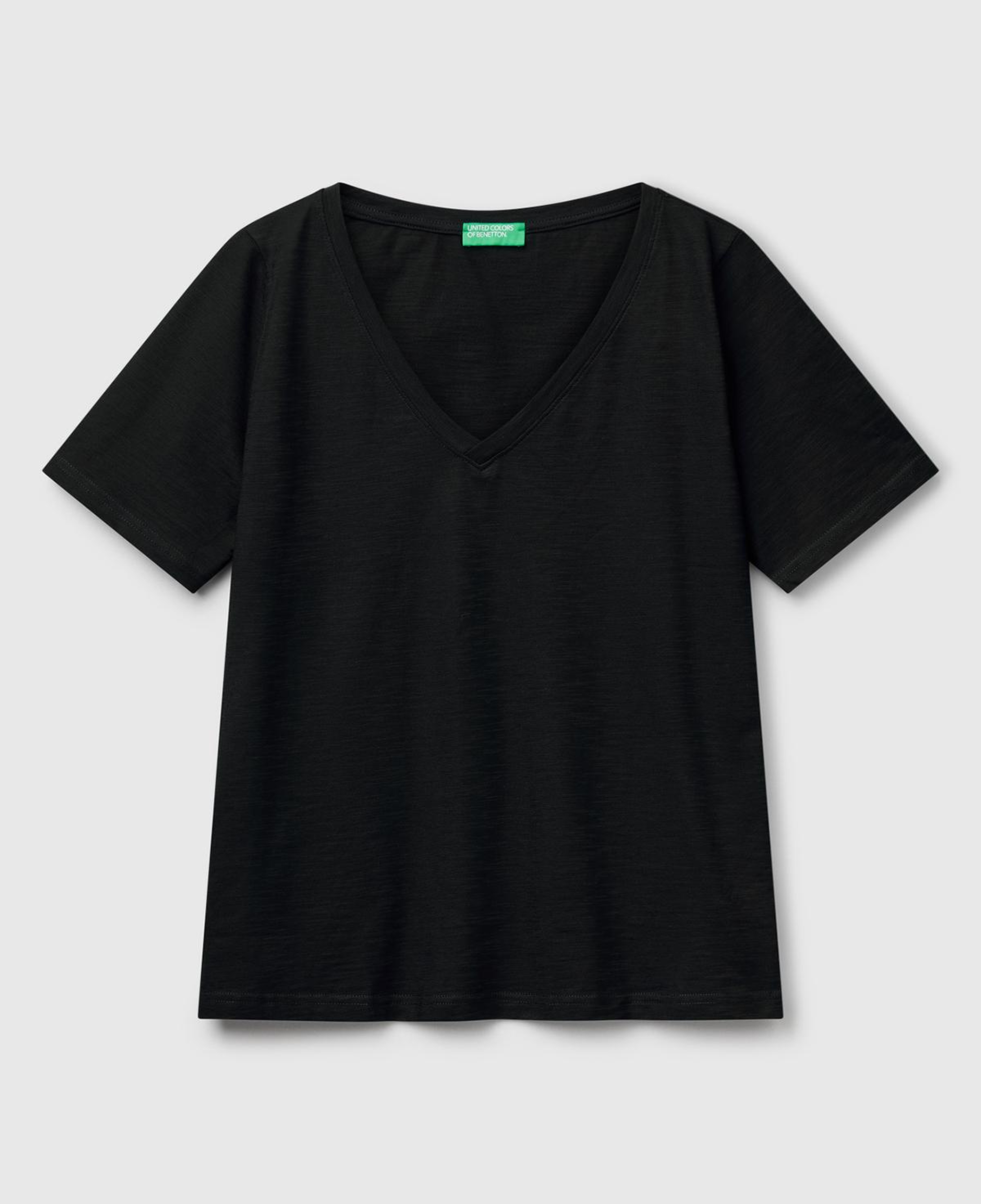 Kadın Siyah %100 Koton V Yaka Slub T-Shirt