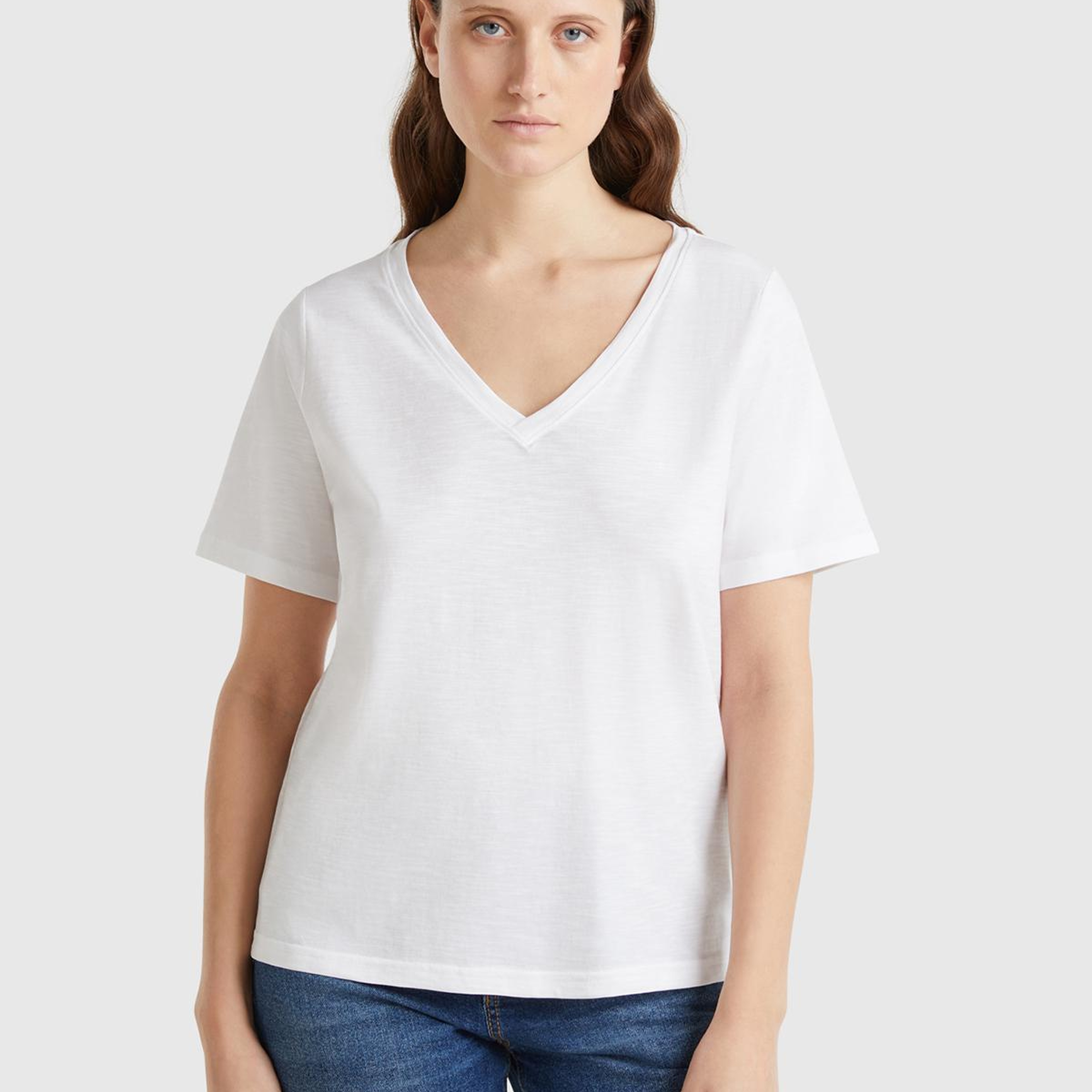 Kadın Beyaz %100 Koton V Yaka Slub T-Shirt