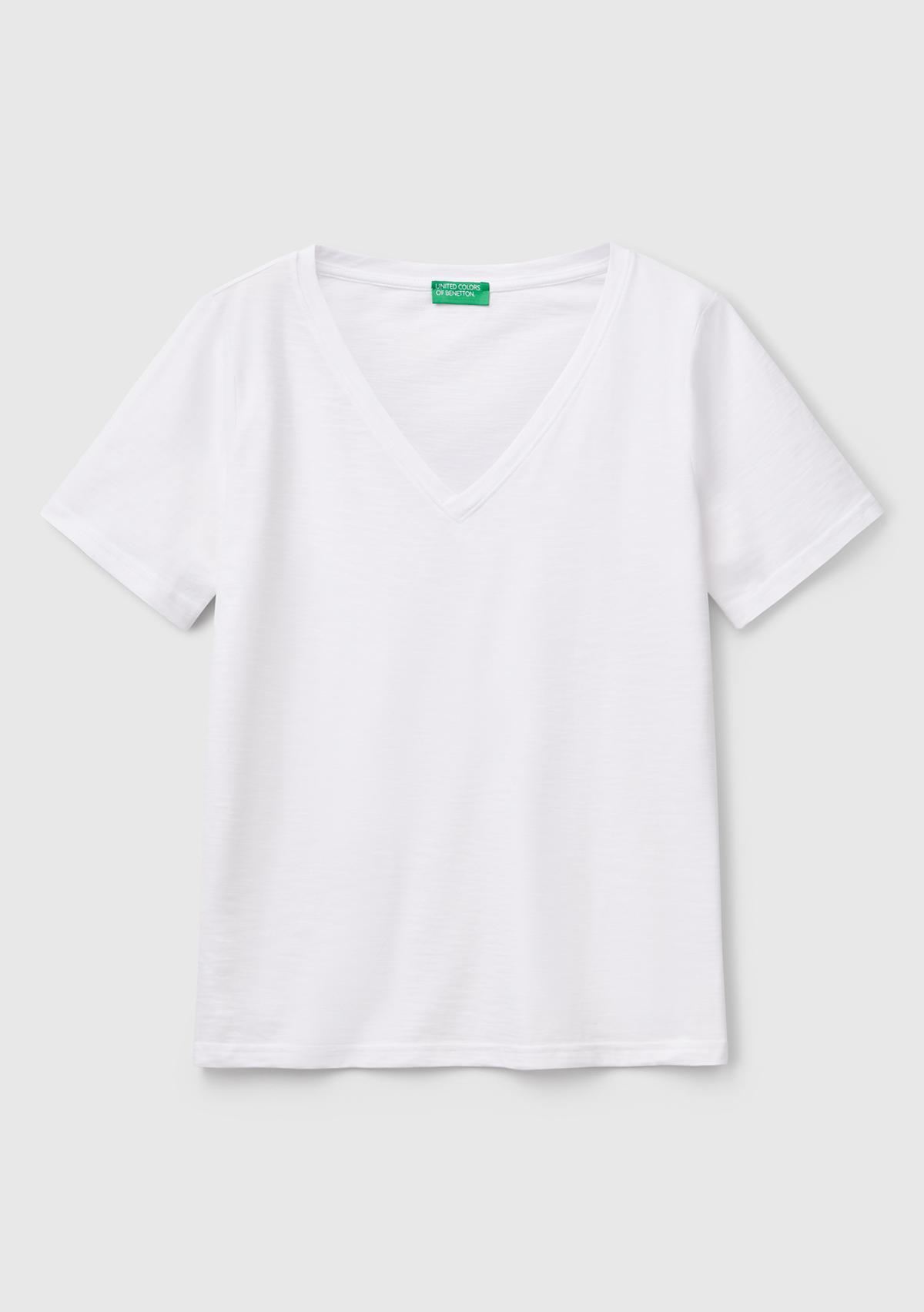 Kadın Beyaz %100 Koton V Yaka Slub T-Shirt