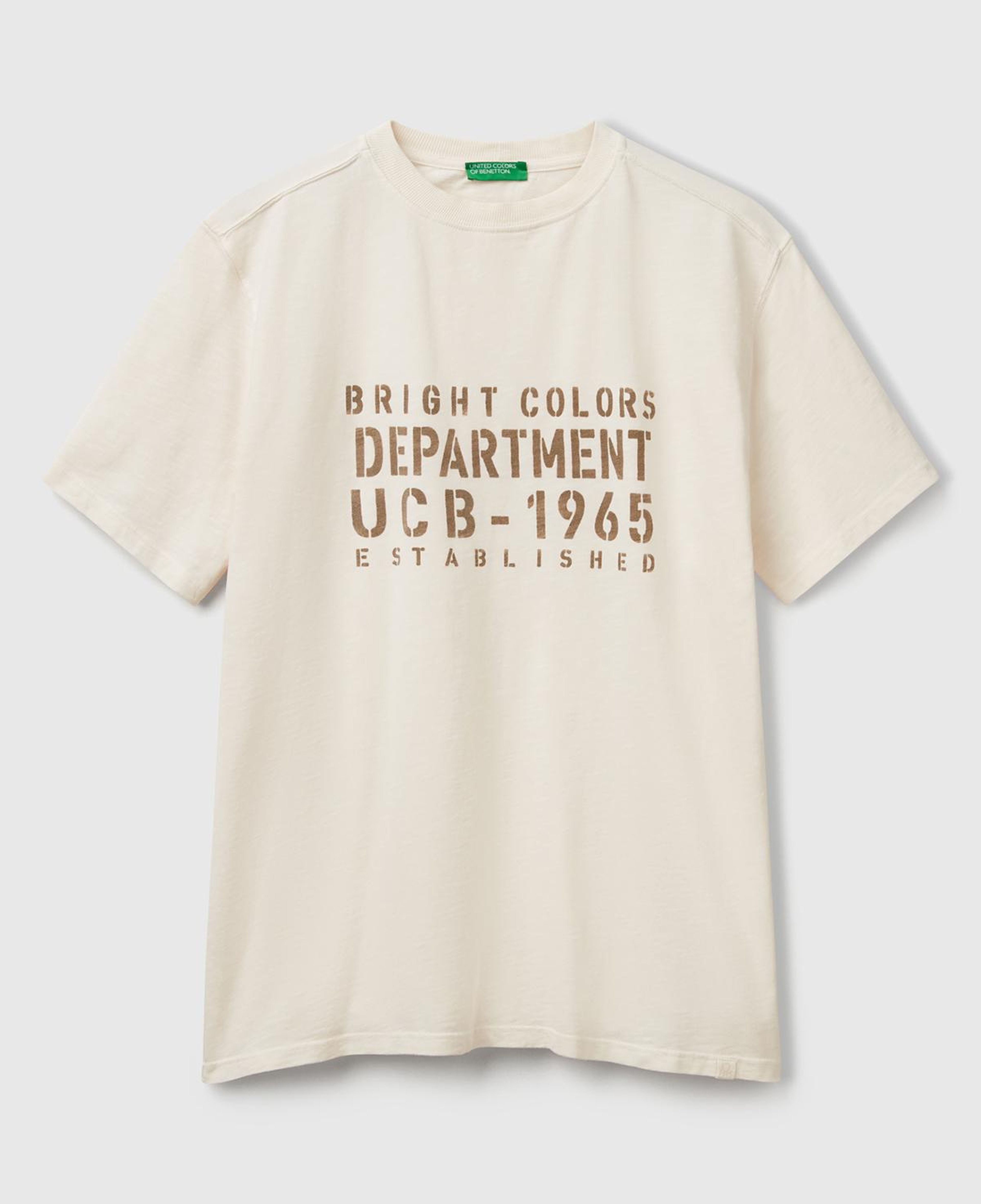 Erkek Bej-Yeşil %100 Pamuk Yıpranmış Efektli Önü Baskılı Relax Fit T-Shirt