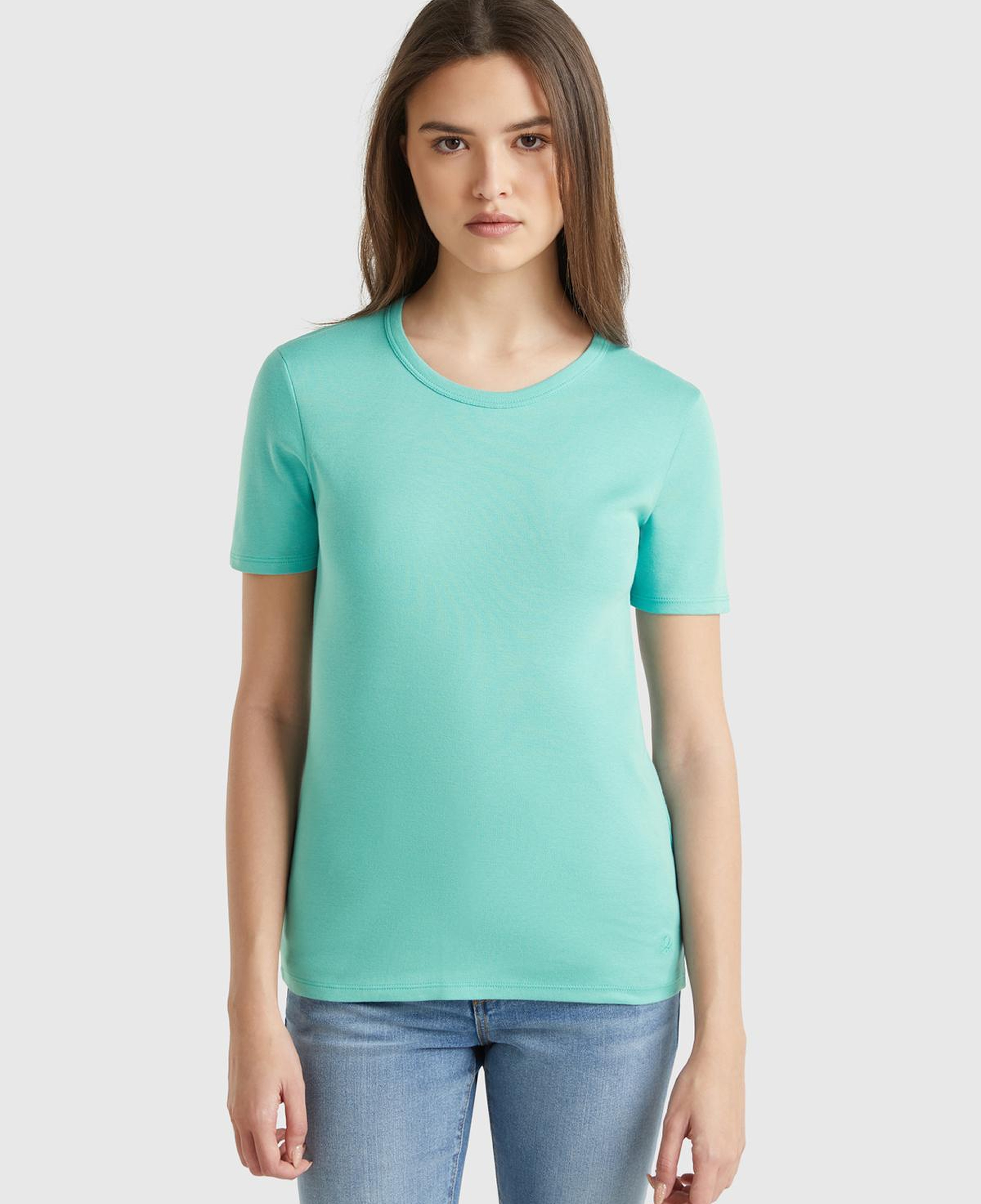 Kadın Buz Mavisi %100 Koton Basic Kısa Kollu Bisiklet Yaka T-Shirt