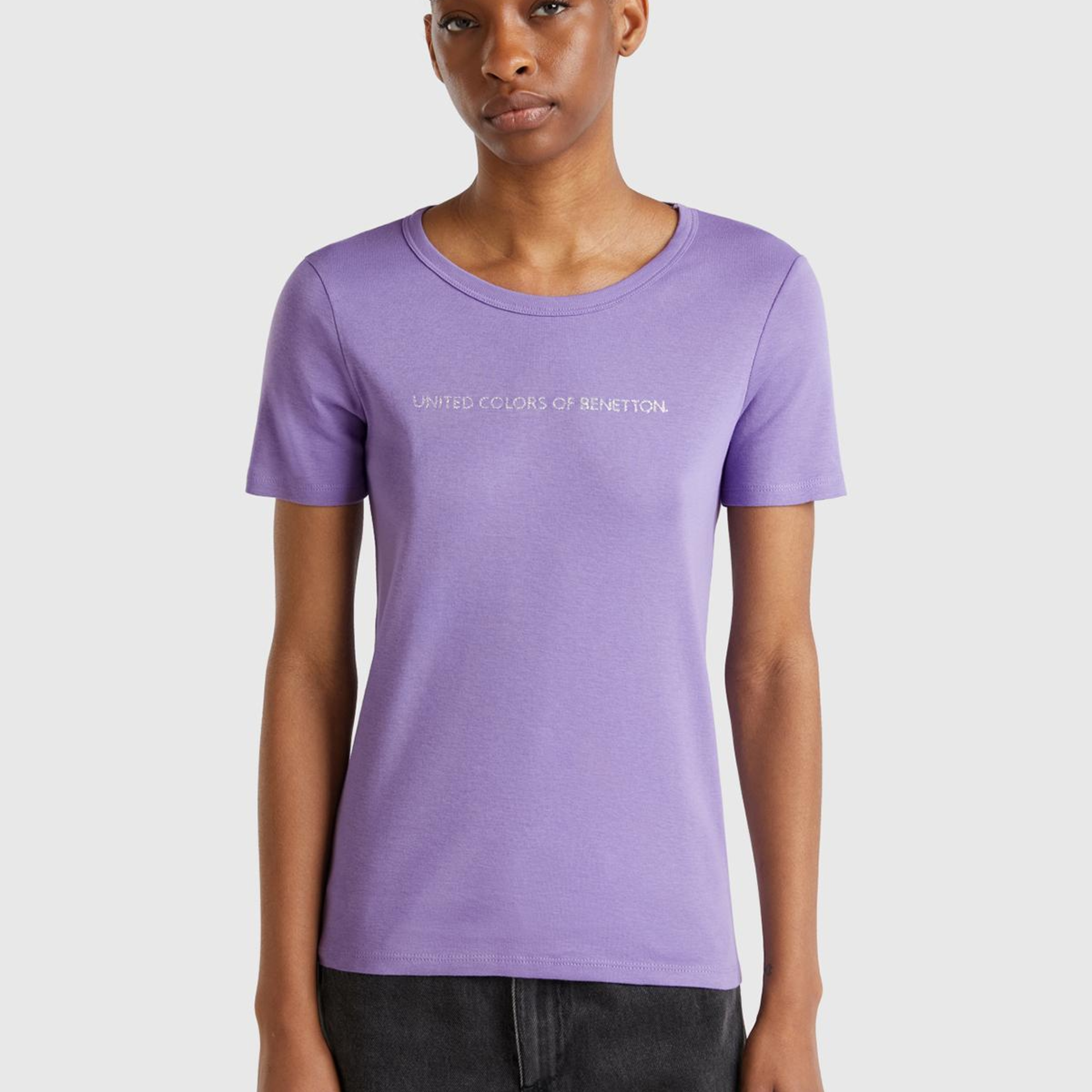 Kadın Mor %100 Koton Benetton Yazılı Basic T-Shirt