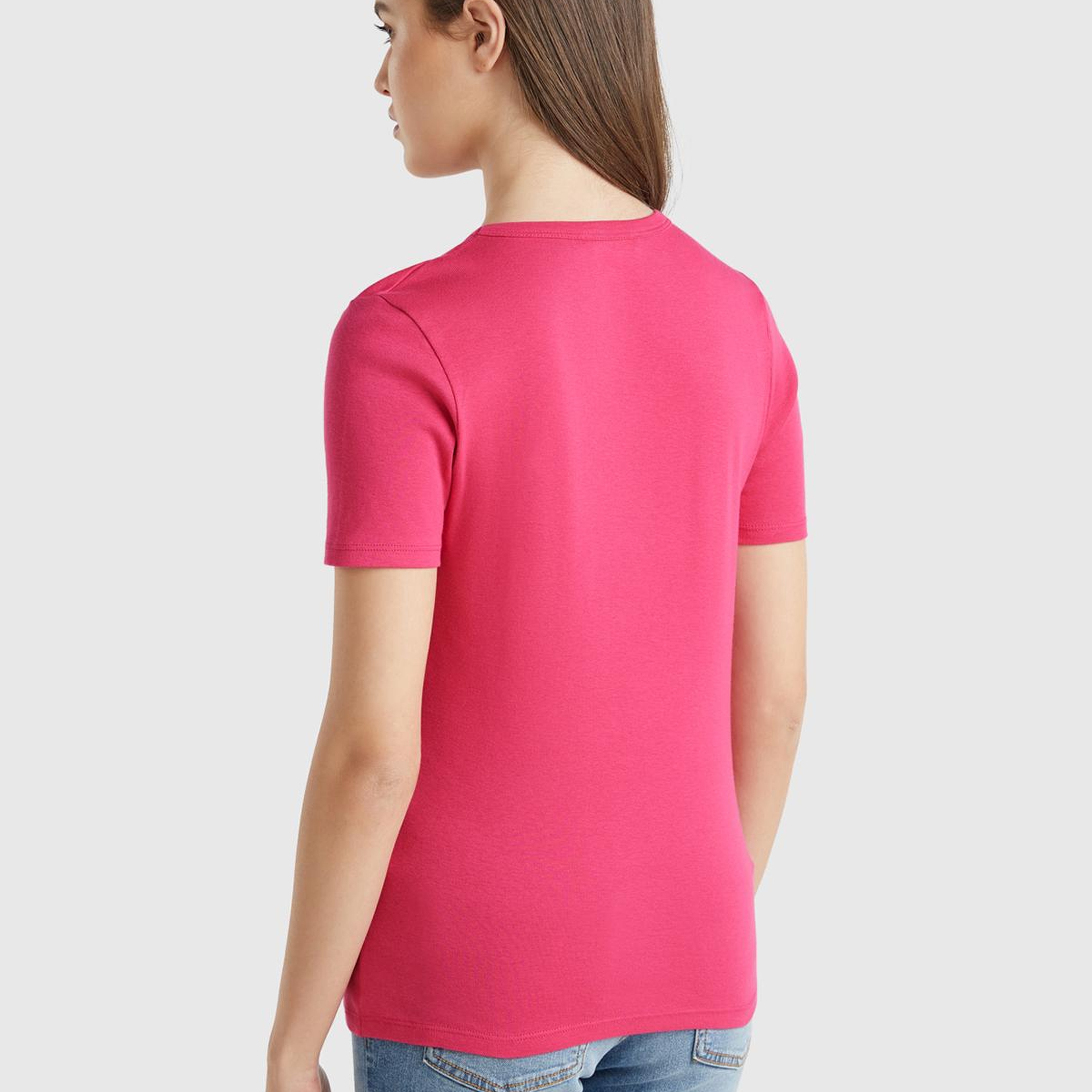 Kadın Fuşya %100 Koton Basic Kısa Kollu Bisiklet Yaka T-Shirt