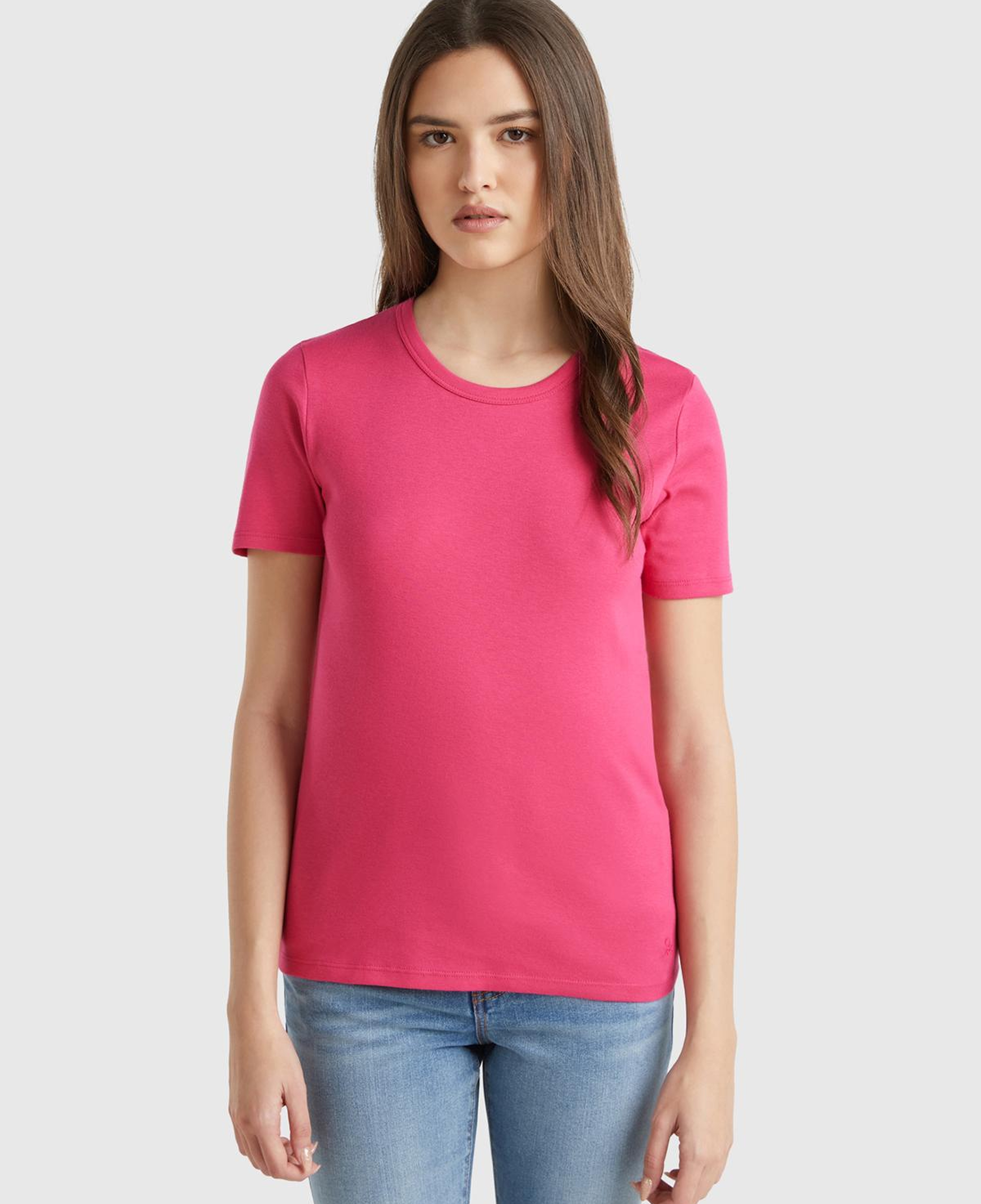 Kadın Fuşya %100 Koton Basic Kısa Kollu Bisiklet Yaka T-Shirt