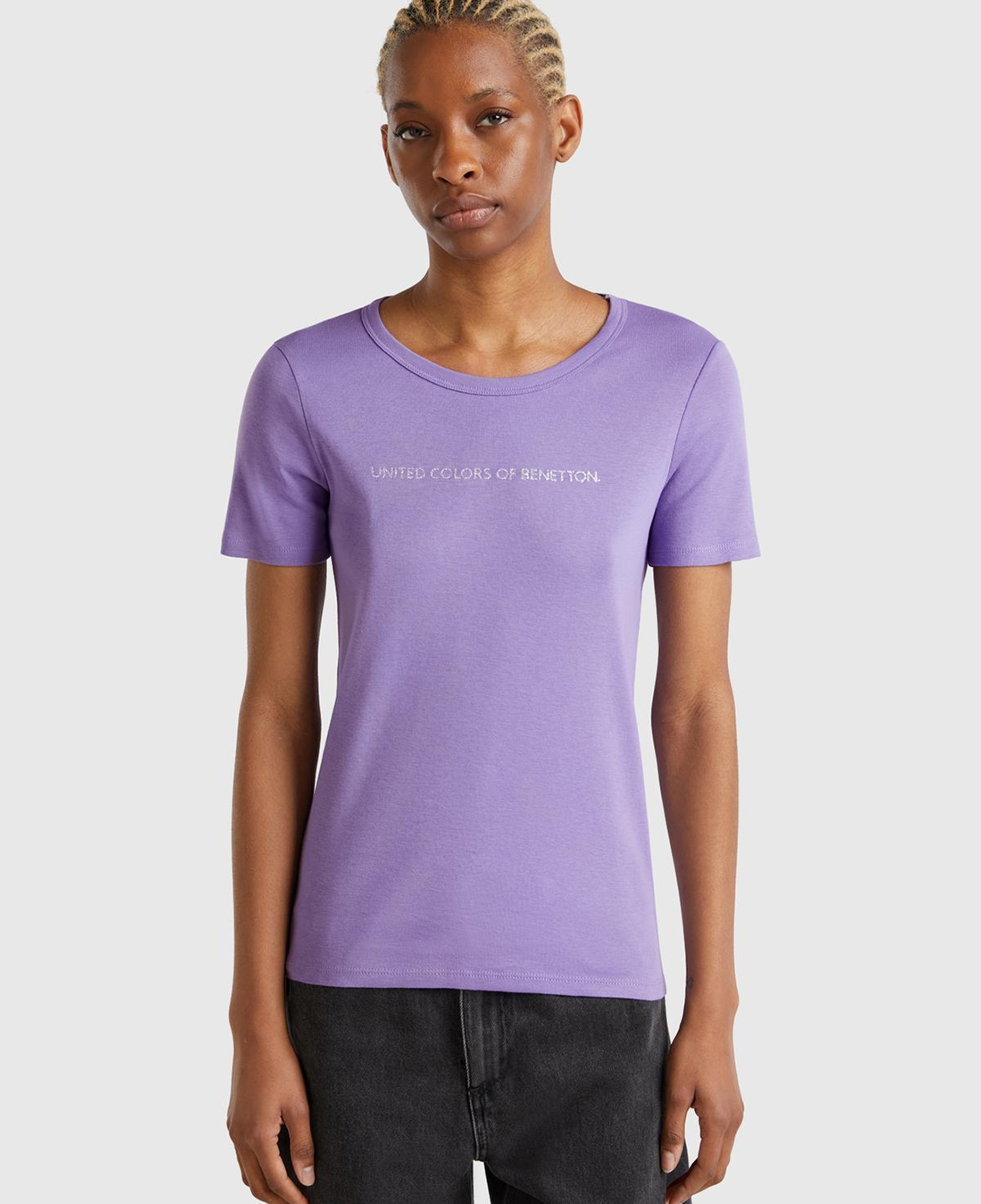 Kadın Mor %100 Koton Benetton Yazılı Basic T-Shirt