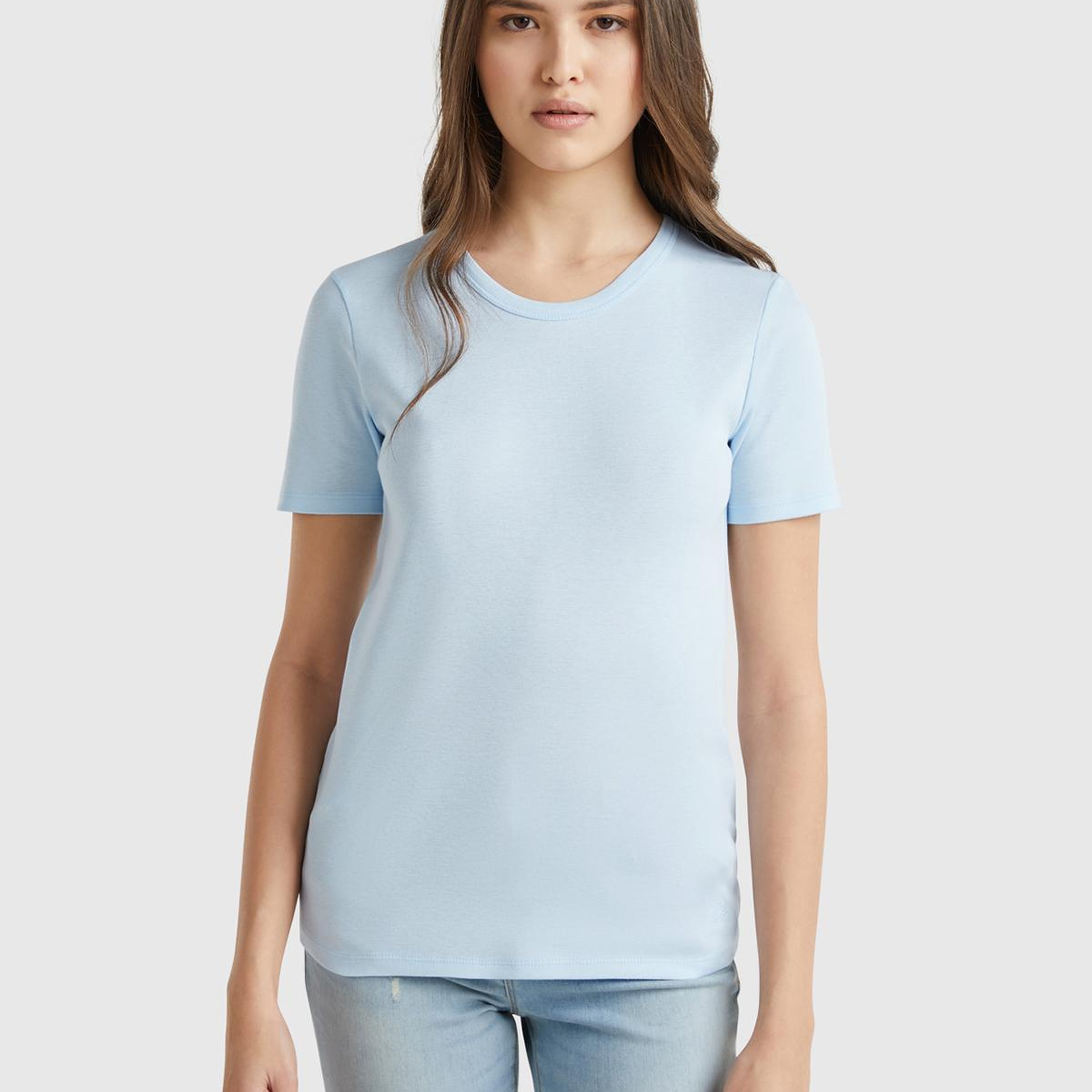Kadın Açık Mavi %100 Koton Basic Kısa Kollu Bisiklet Yaka T-Shirt