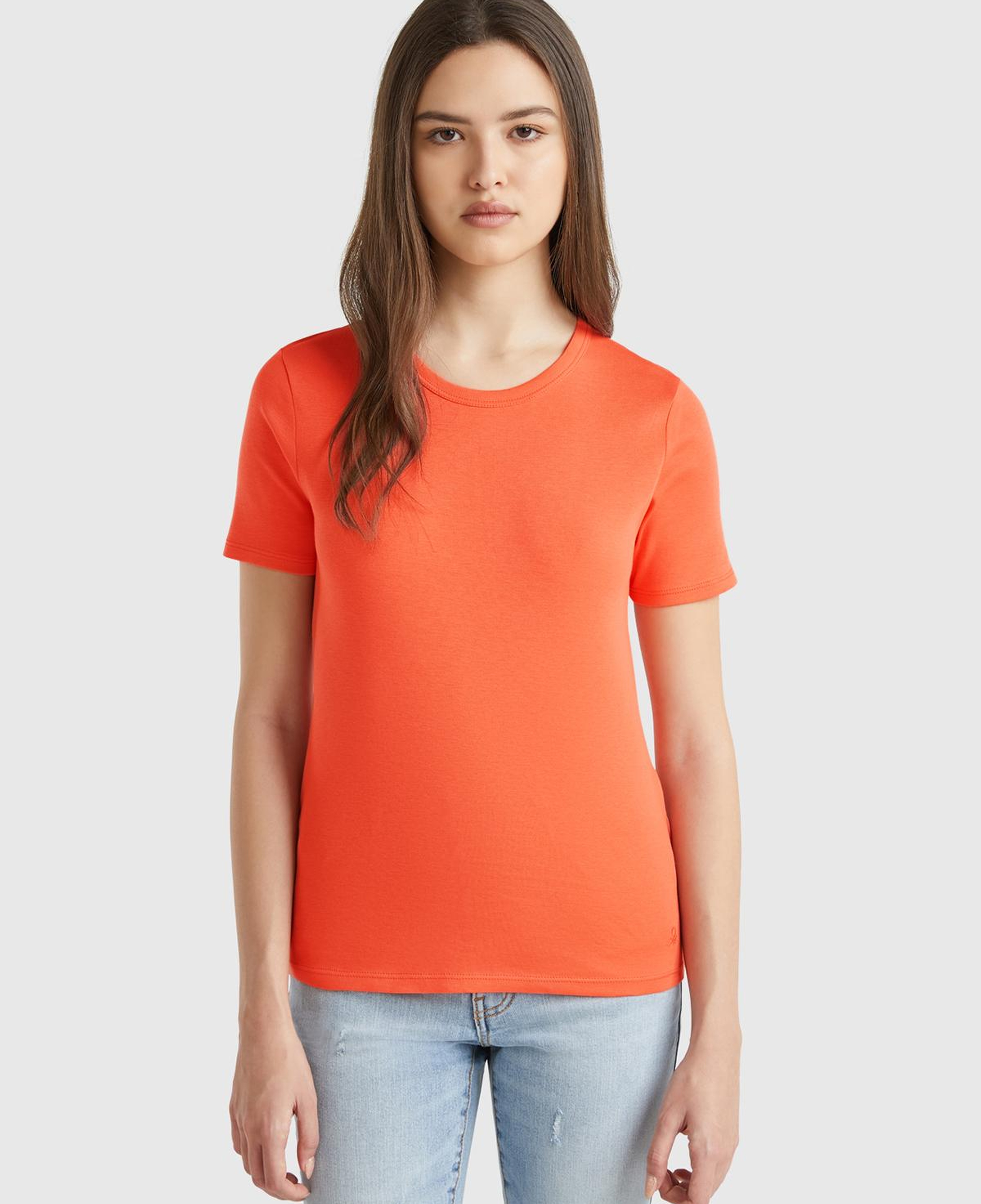 Kadın Turuncu %100 Koton Basic Kısa Kollu Bisiklet Yaka T-Shirt