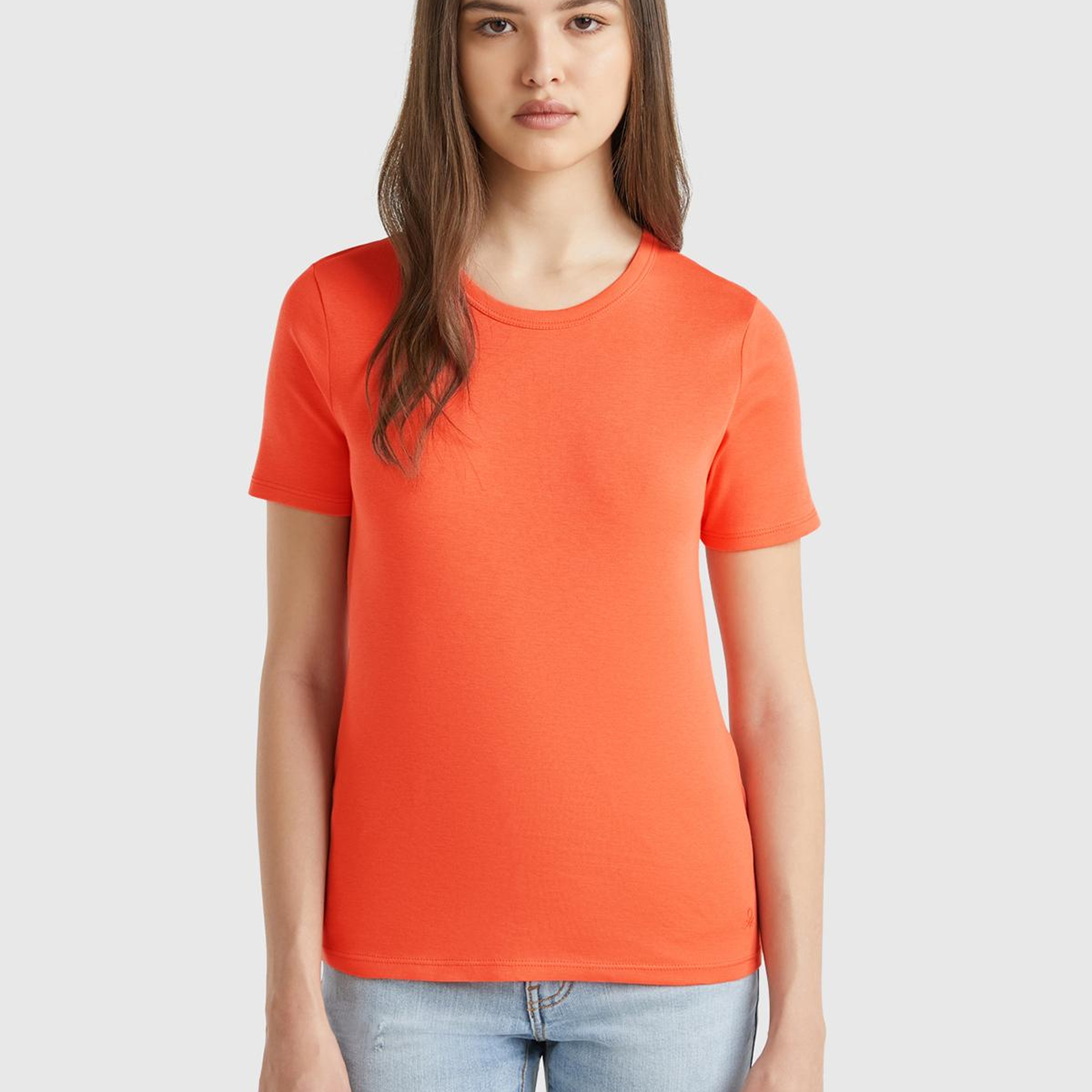 Kadın Turuncu %100 Koton Basic Kısa Kollu Bisiklet Yaka T-Shirt