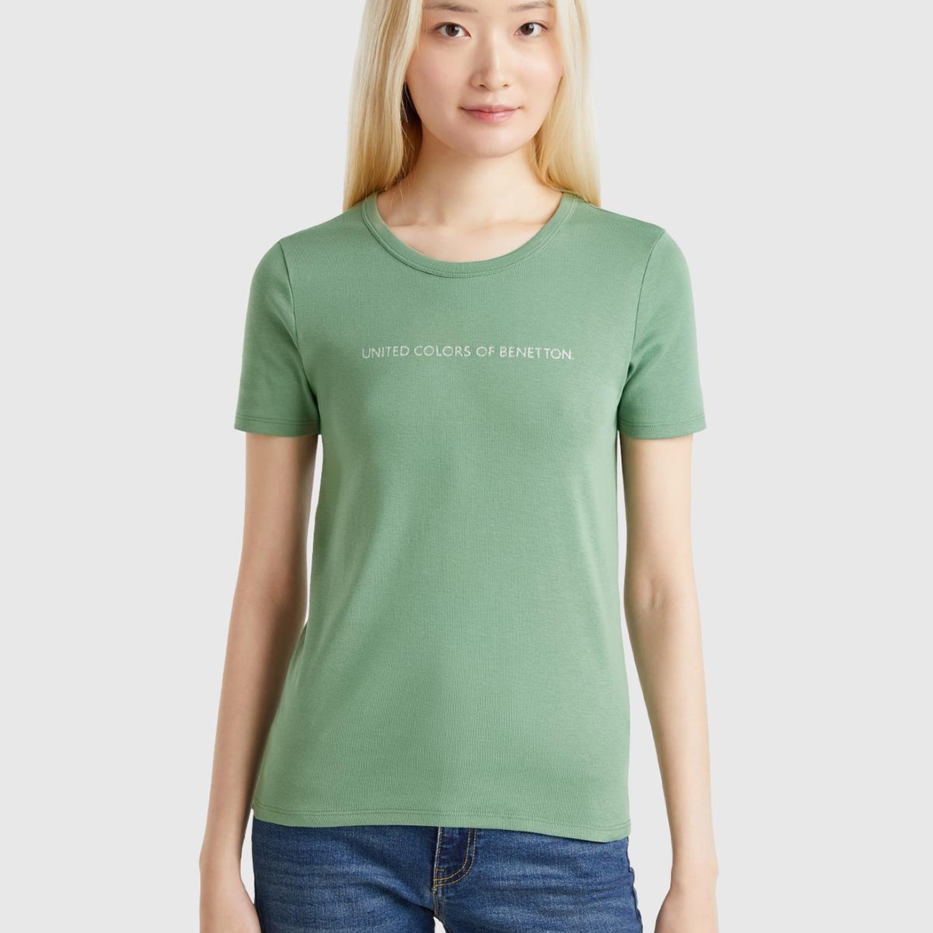 Kadın Açık Yeşil %100 Koton Benetton Yazılı Basic T-Shirt