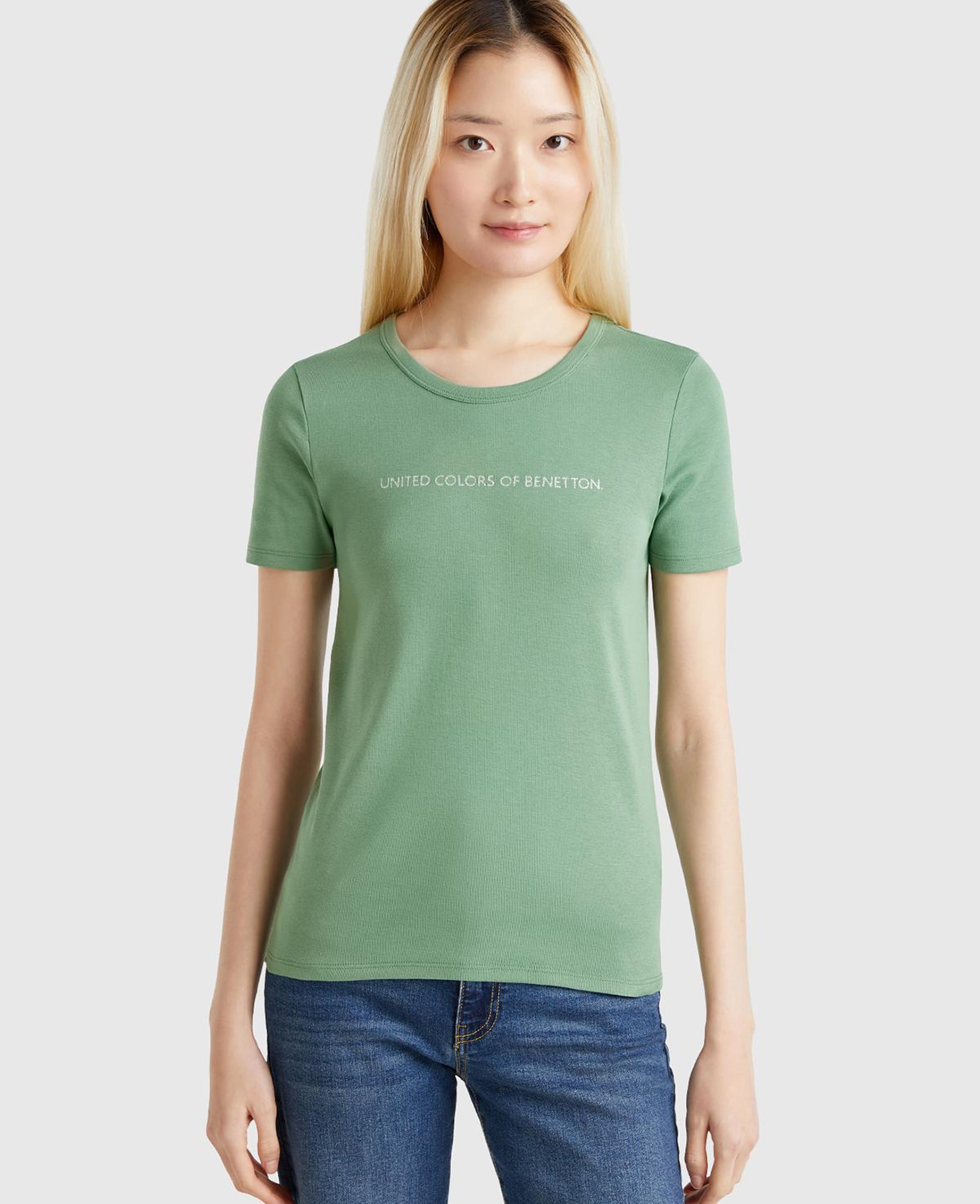 Kadın Açık Yeşil %100 Koton Benetton Yazılı Basic T-Shirt