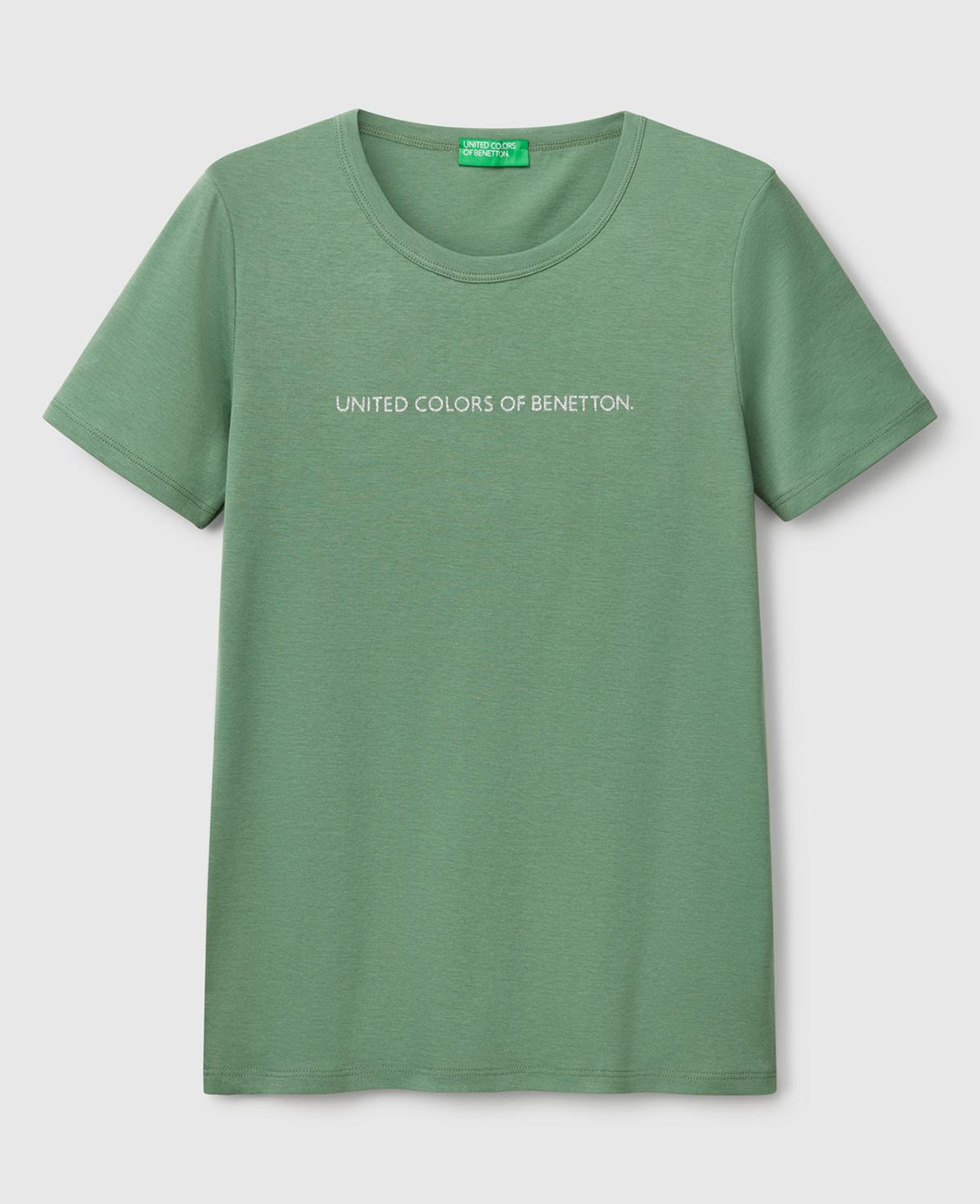 Kadın Açık Yeşil %100 Koton Benetton Yazılı Basic T-Shirt