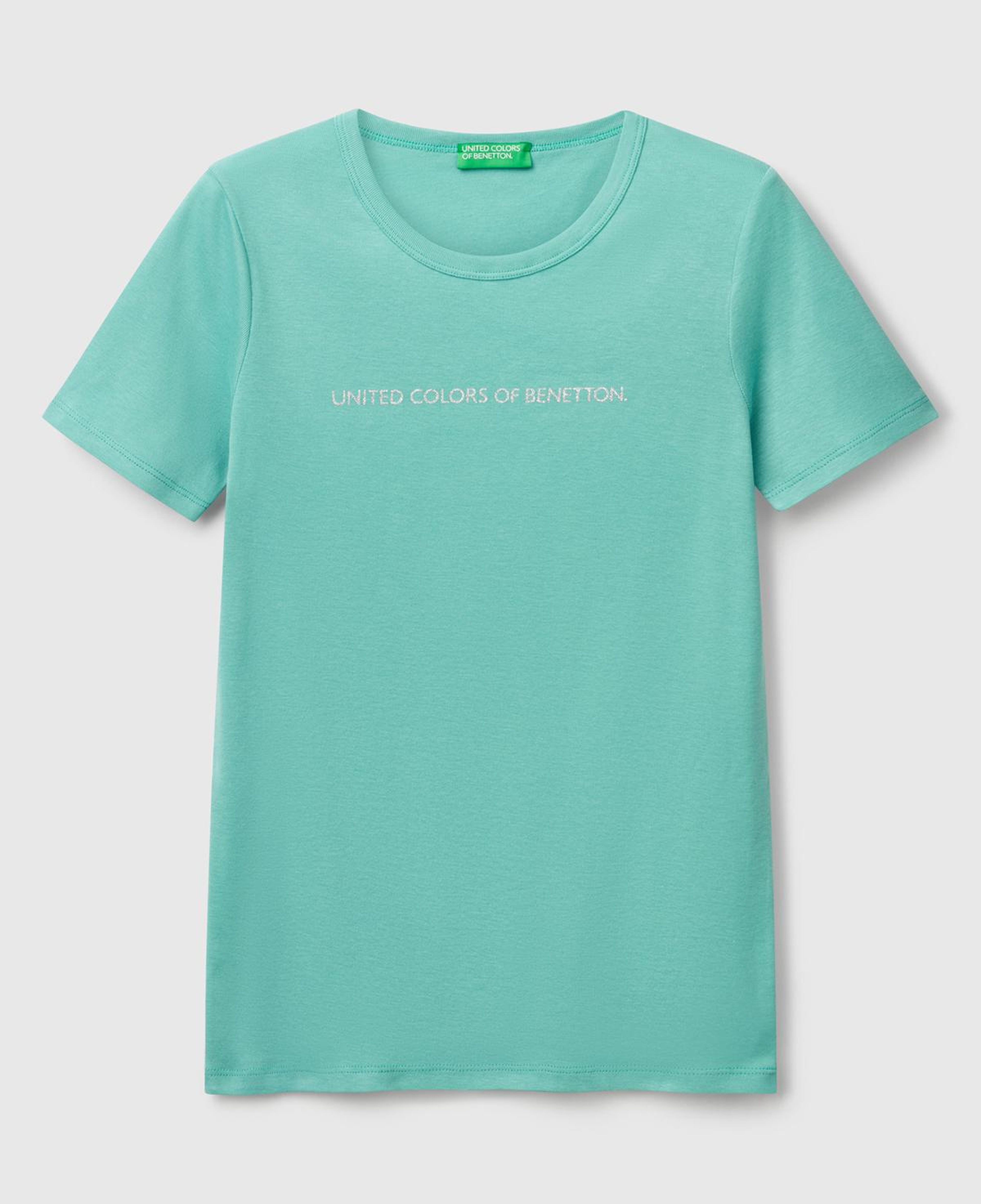 Kadın Buz Mavisi %100 Koton Benetton Yazılı Basic T-Shirt