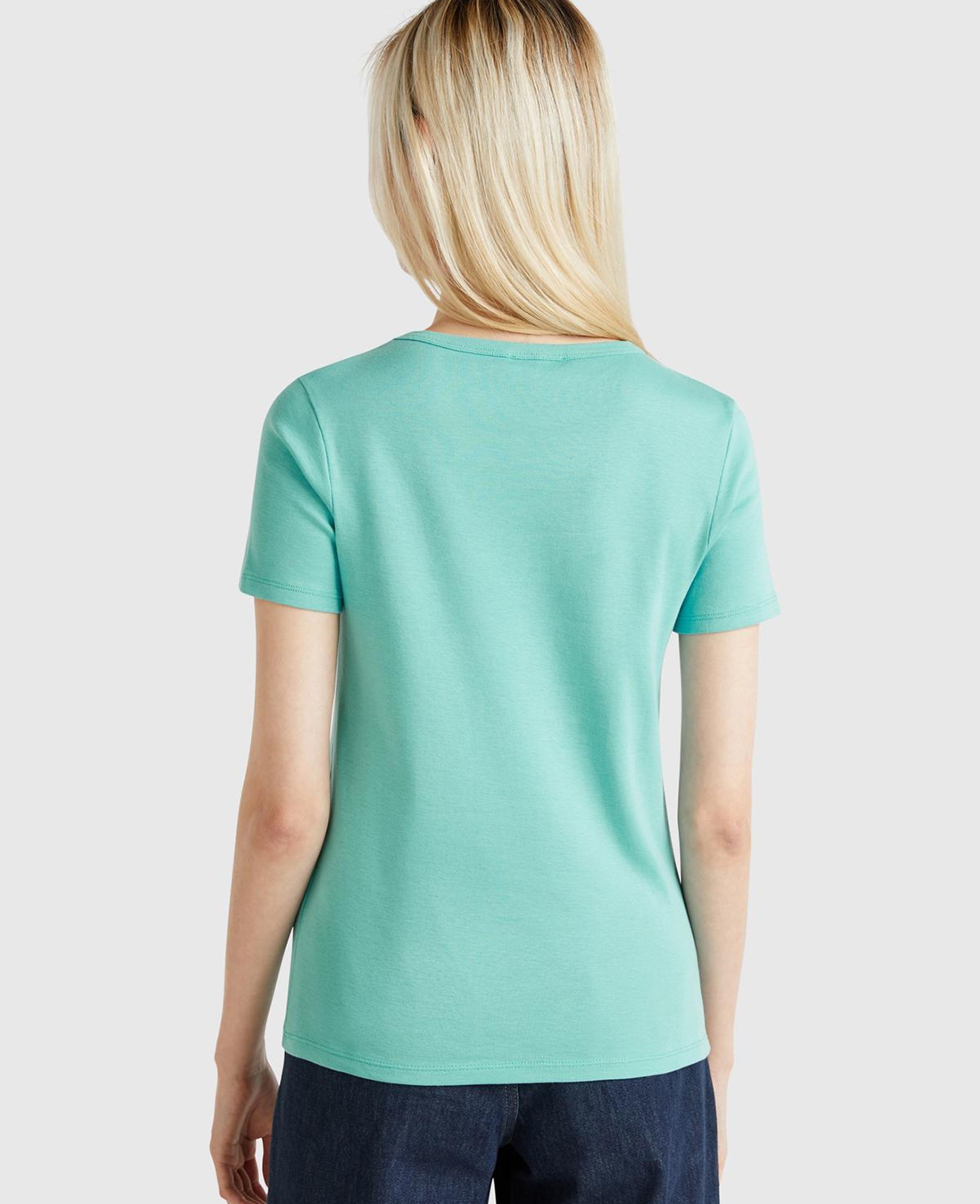 Kadın Buz Mavisi %100 Koton Benetton Yazılı Basic T-Shirt