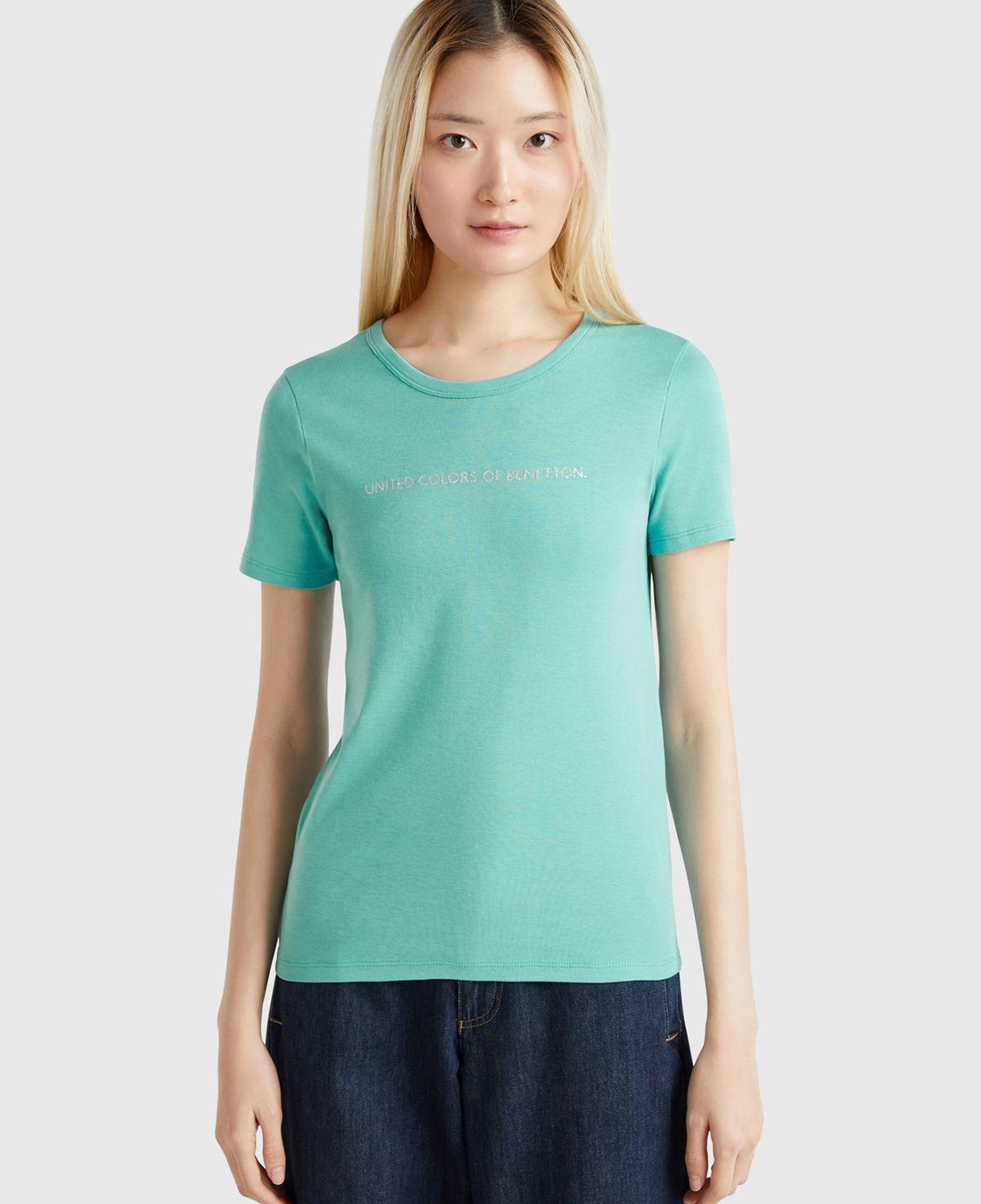Kadın Buz Mavisi %100 Koton Benetton Yazılı Basic T-Shirt