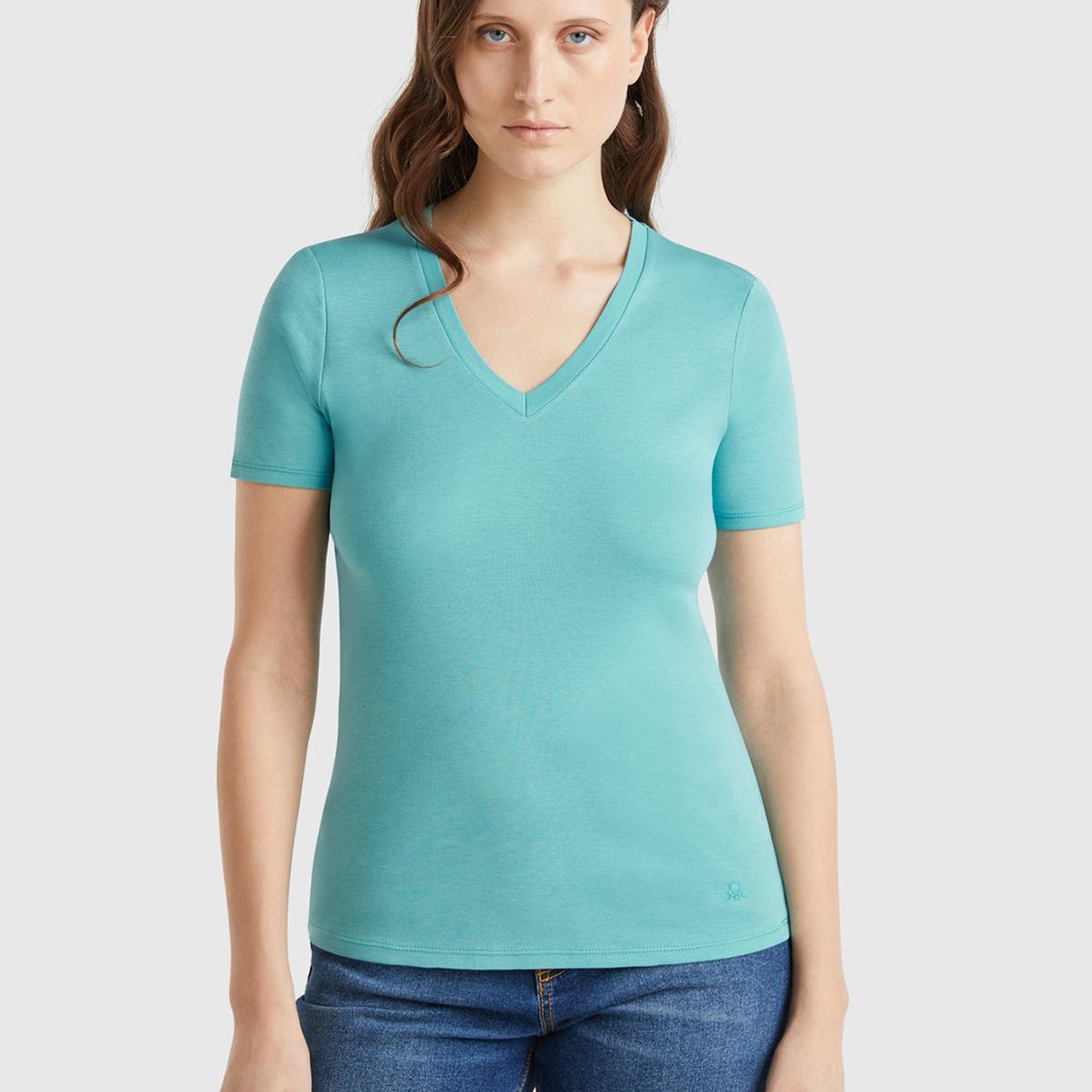 Kadın Buz Mavisi %100 Pamuk V Yaka Basic T-Shirt