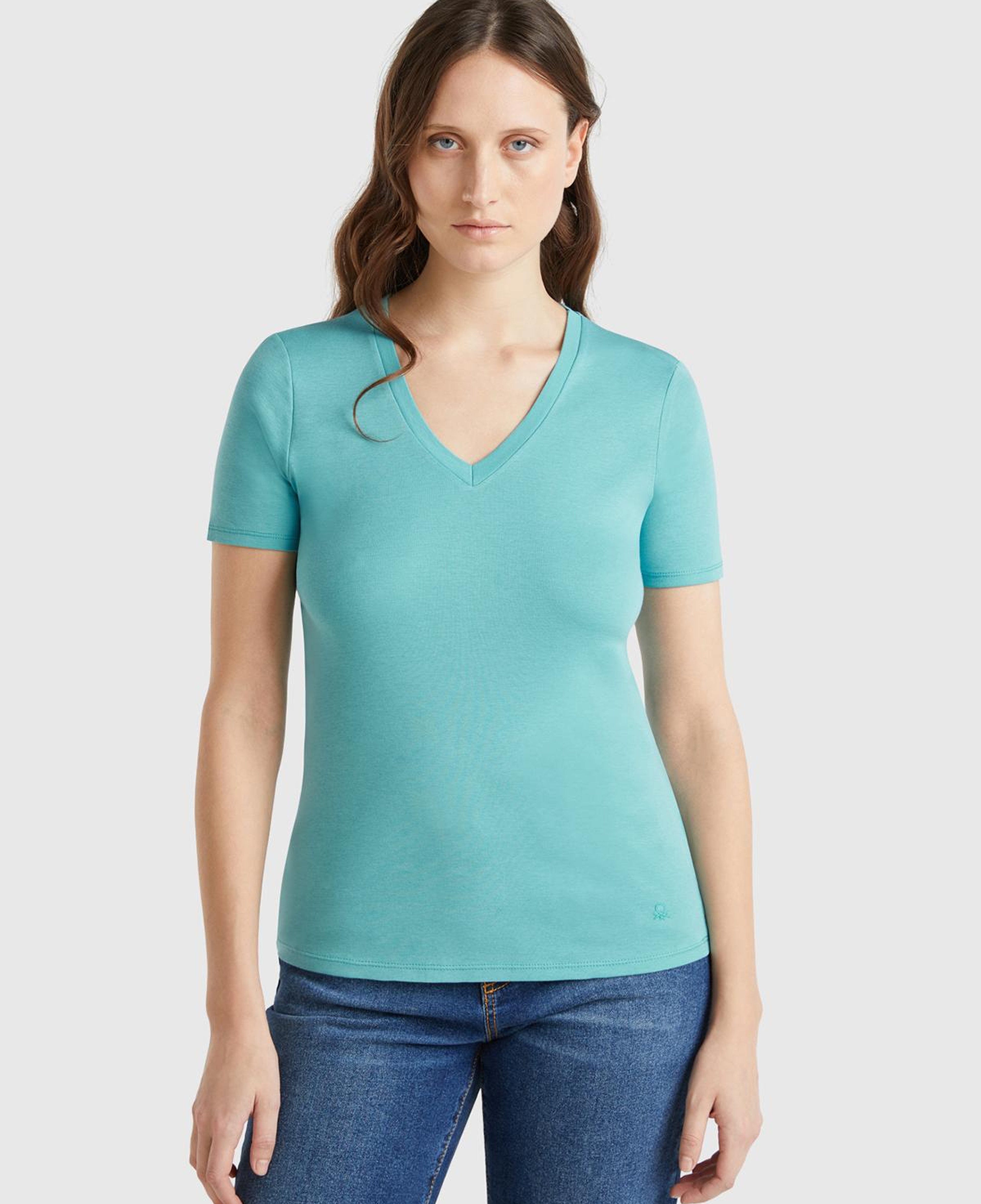 Kadın Buz Mavisi %100 Pamuk V Yaka Basic T-Shirt