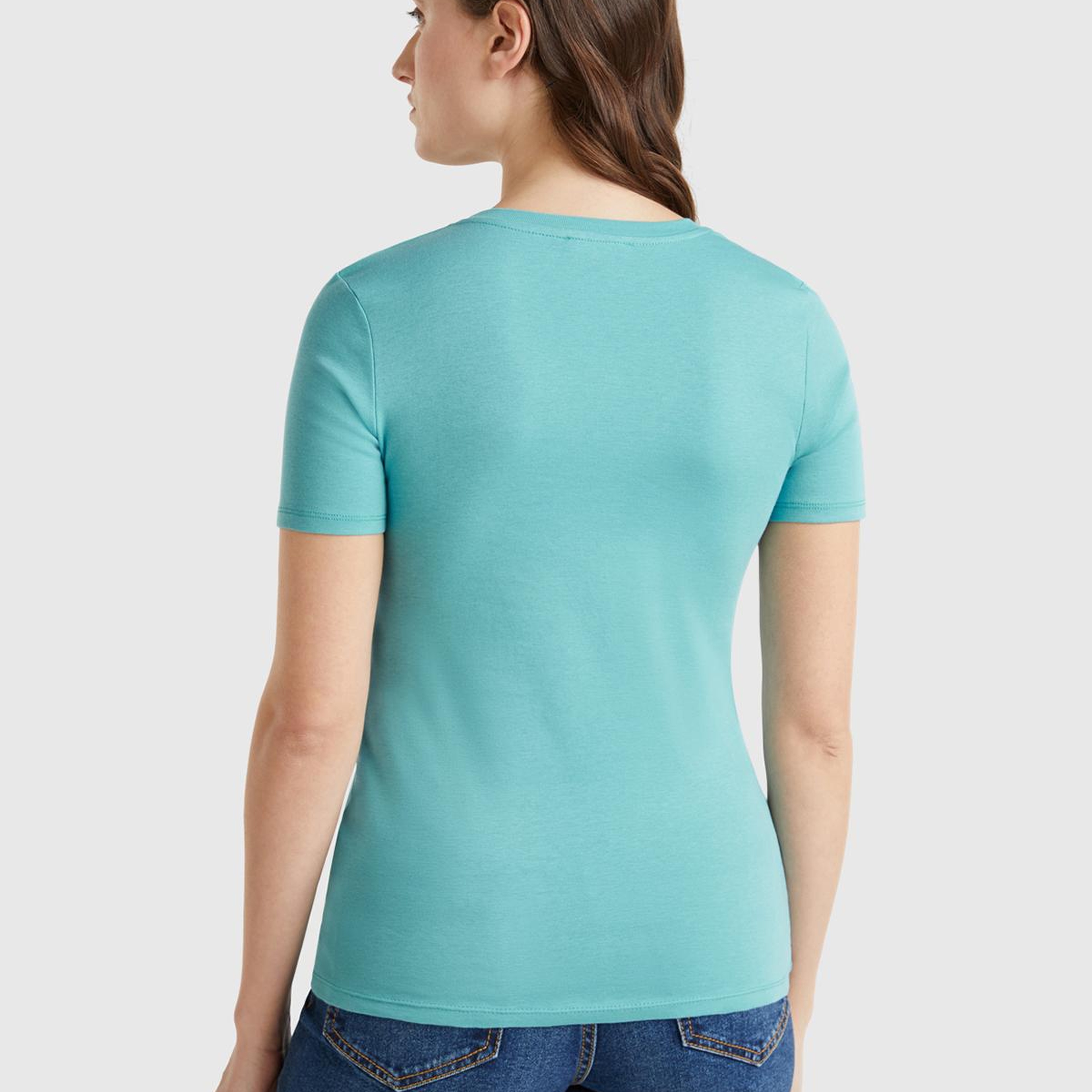 Kadın Buz Mavisi %100 Pamuk V Yaka Basic T-Shirt