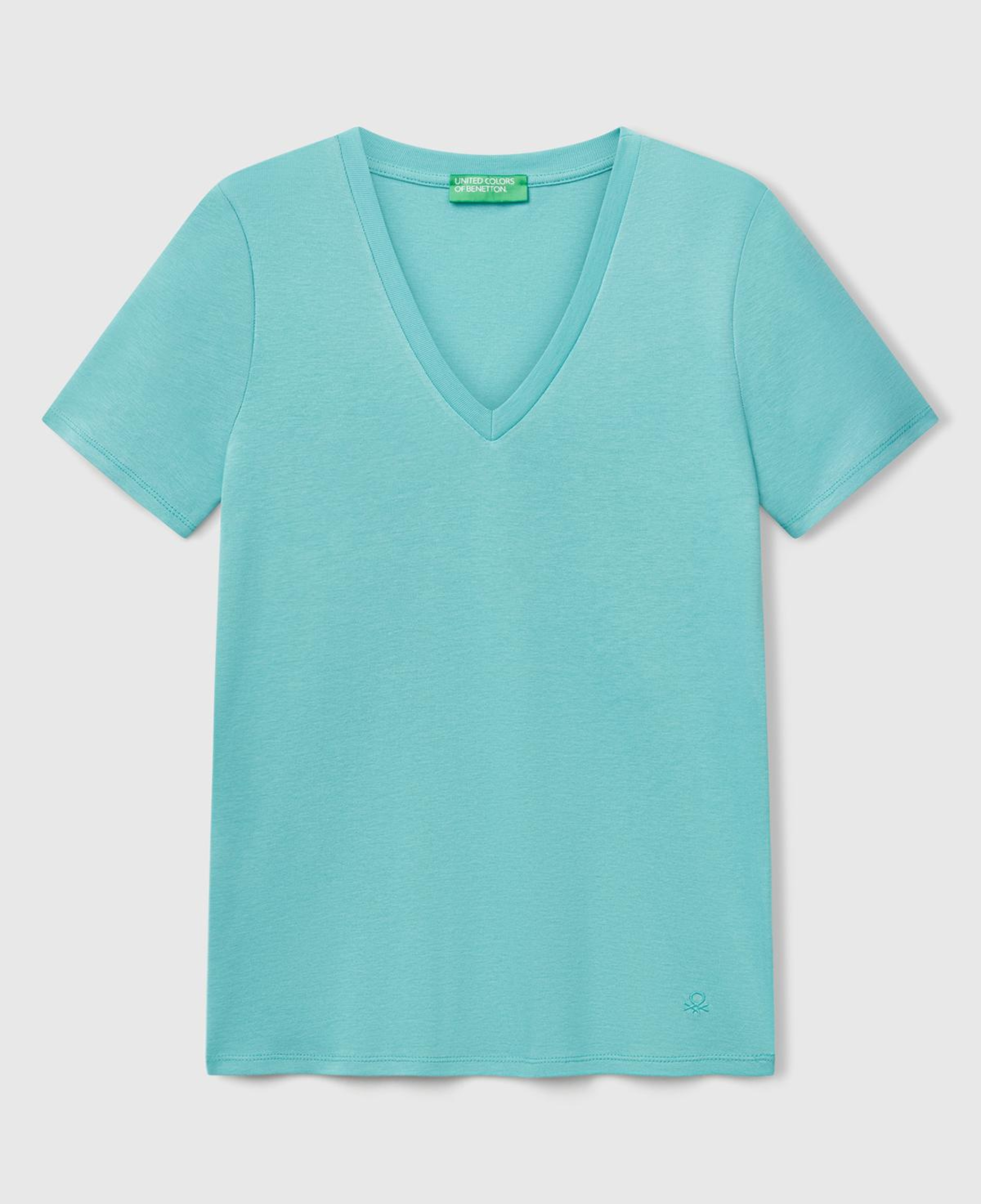 Kadın Buz Mavisi %100 Pamuk V Yaka Basic T-Shirt