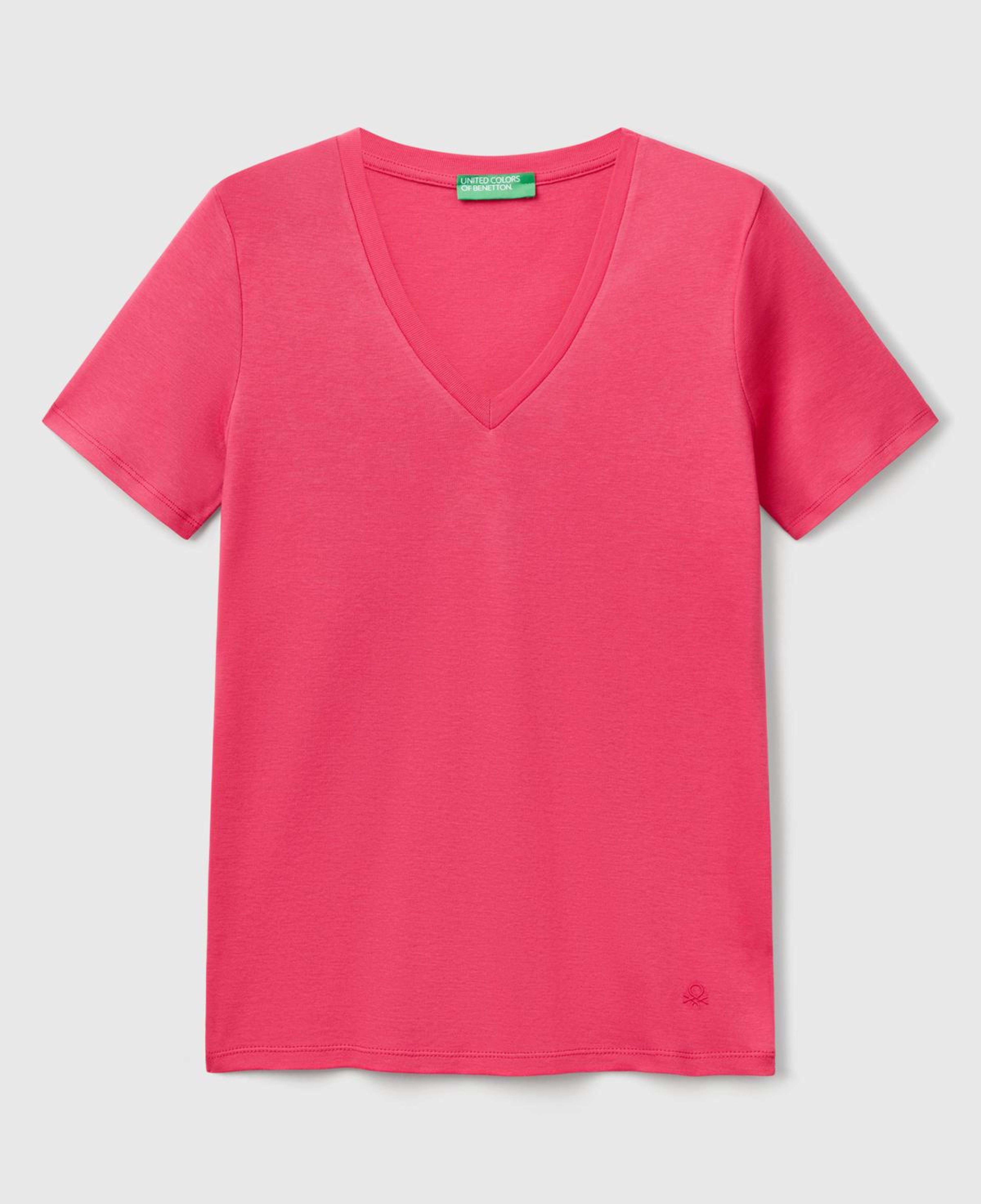 Kadın Fuşya %100 Pamuk V Yaka Basic T-Shirt