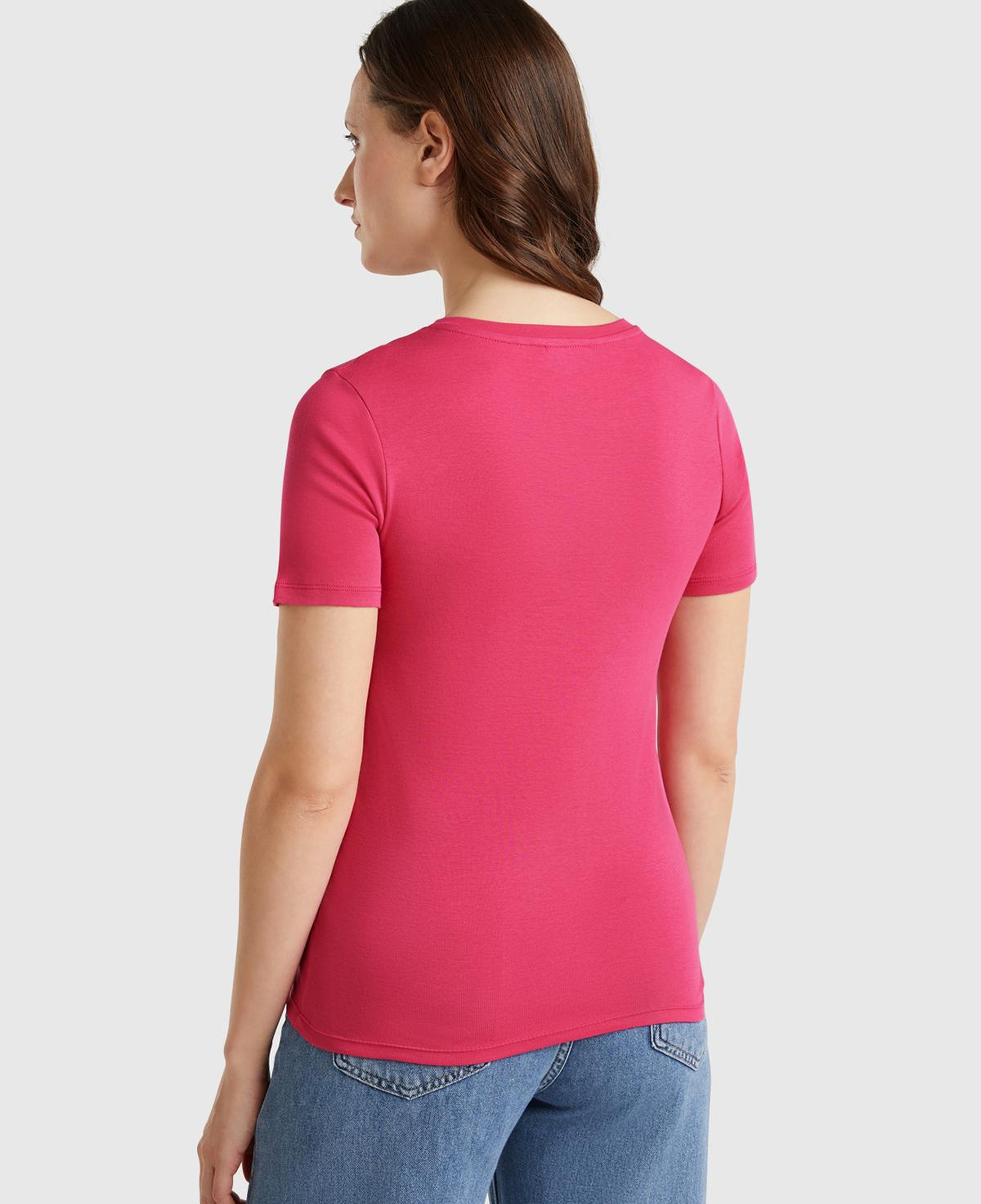 Kadın Fuşya %100 Pamuk V Yaka Basic T-Shirt