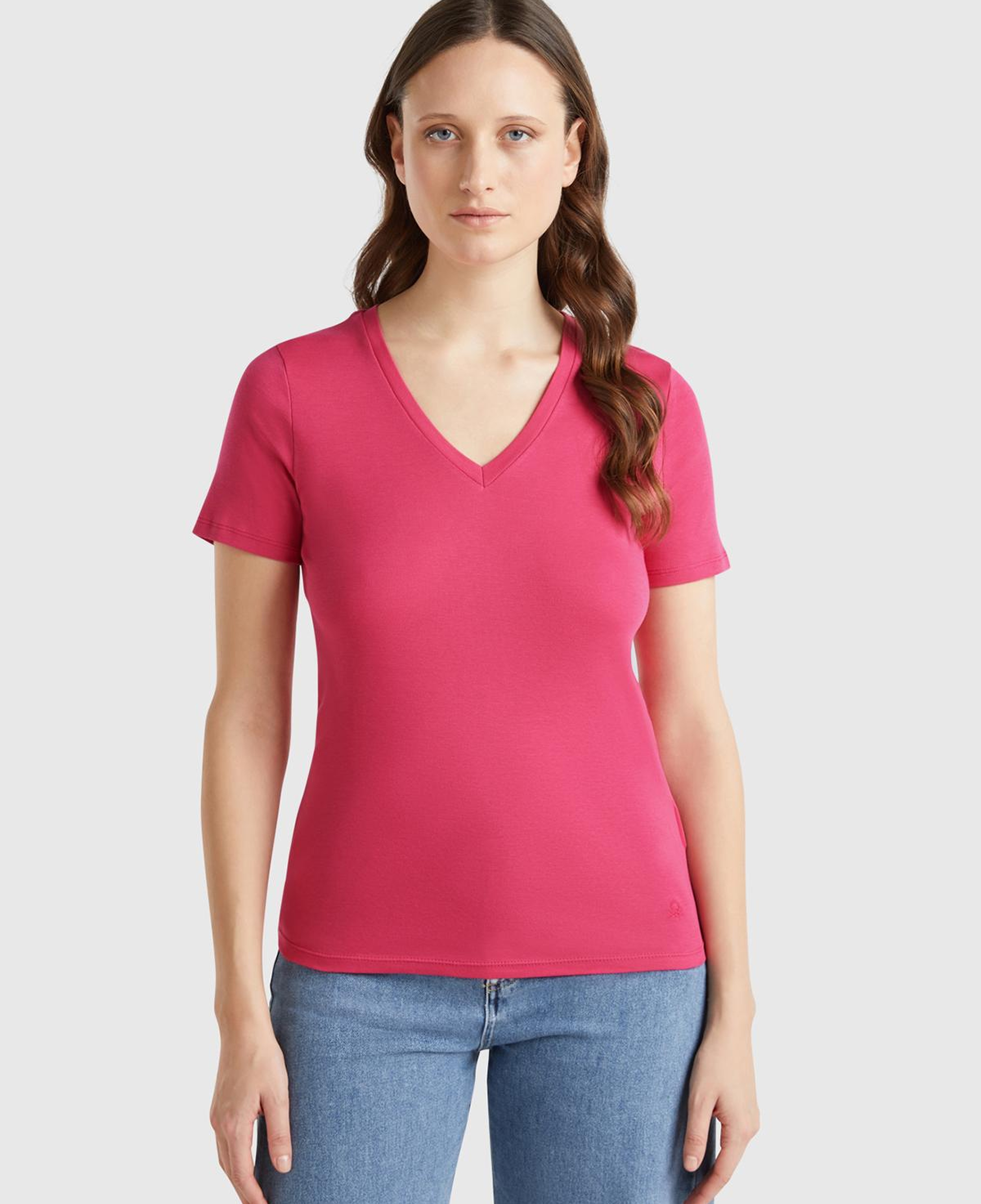 Kadın Fuşya %100 Pamuk V Yaka Basic T-Shirt