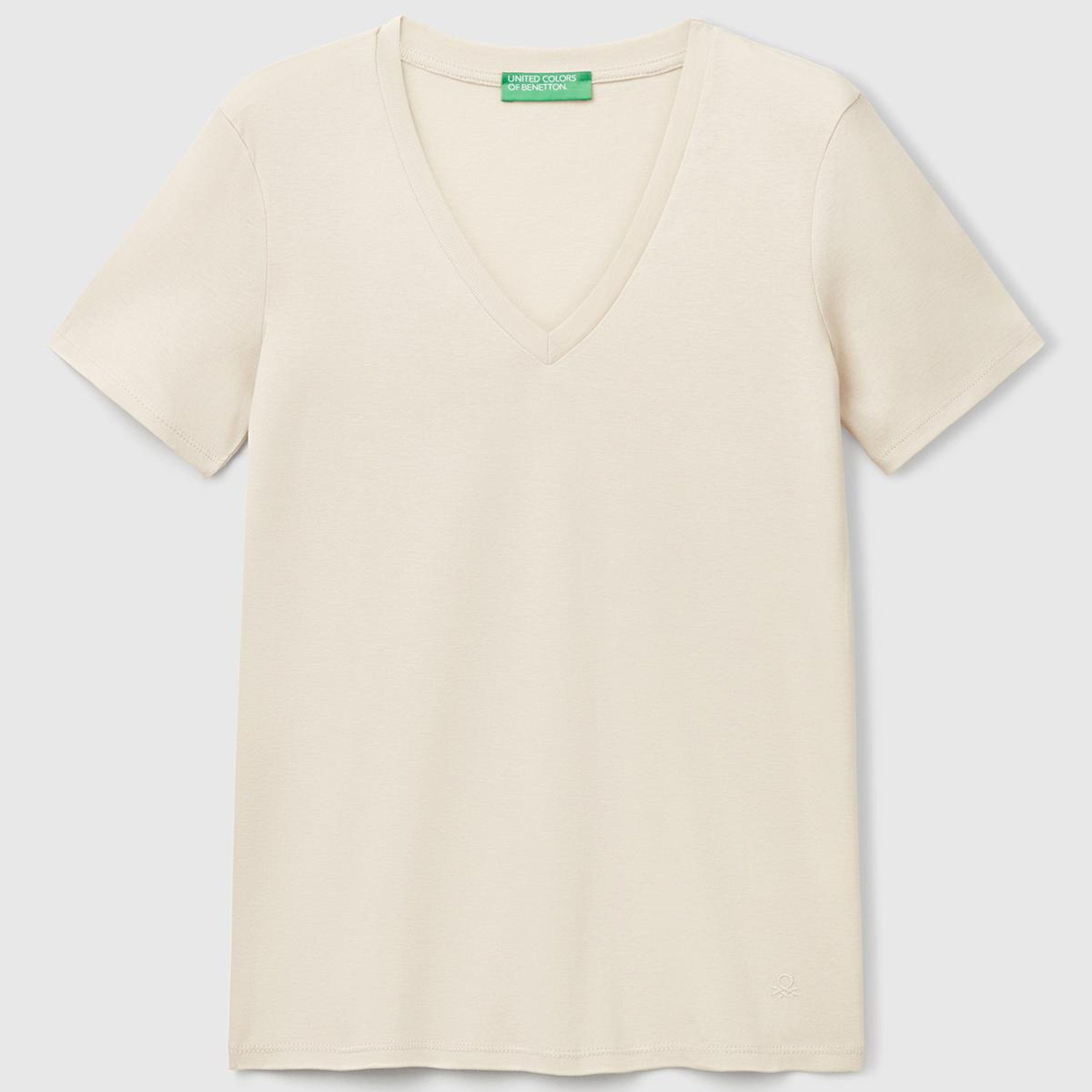 Kadın Taş Rengi %100 Pamuk V Yaka Basic T-Shirt