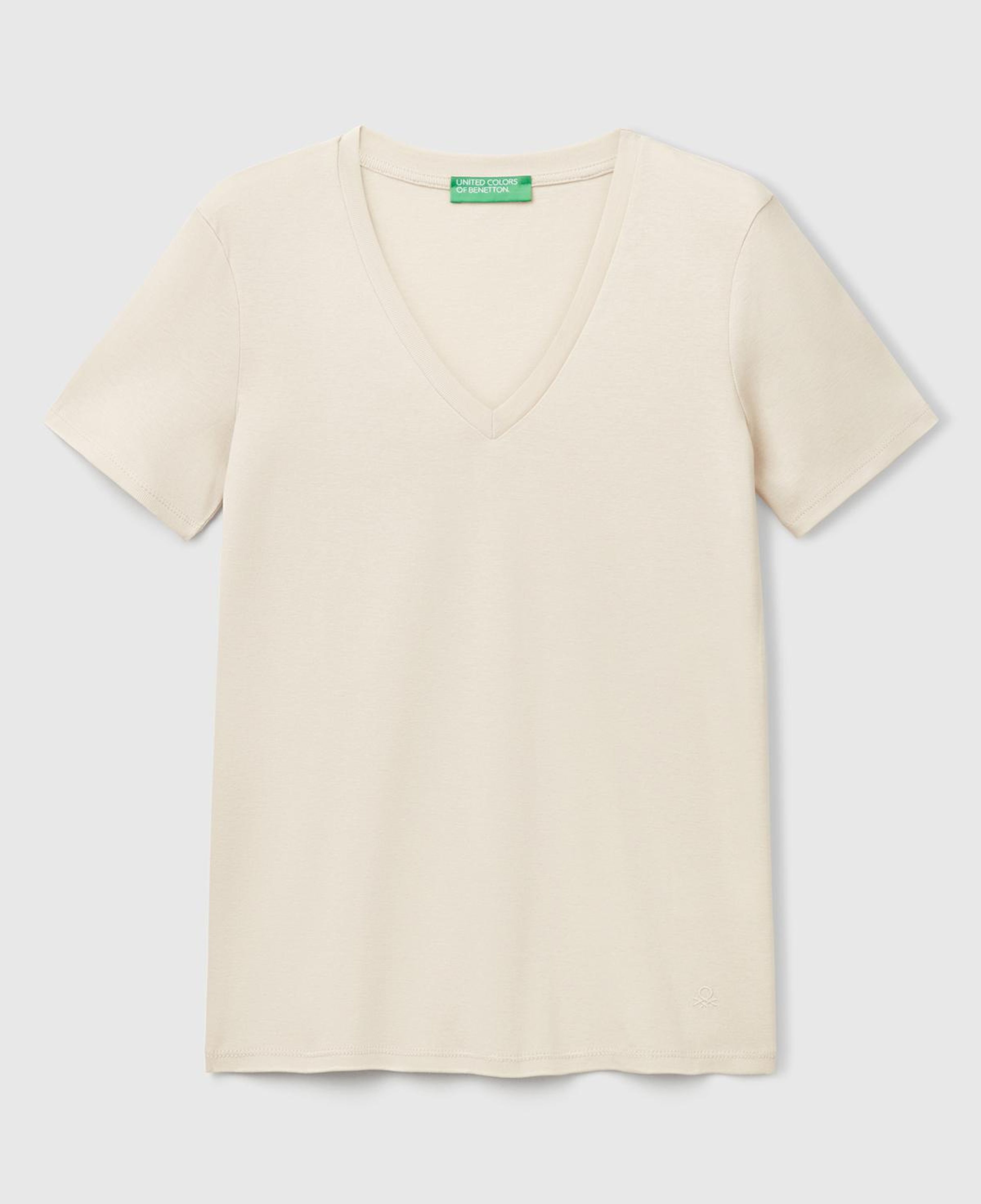Kadın Taş Rengi %100 Pamuk V Yaka Basic T-Shirt