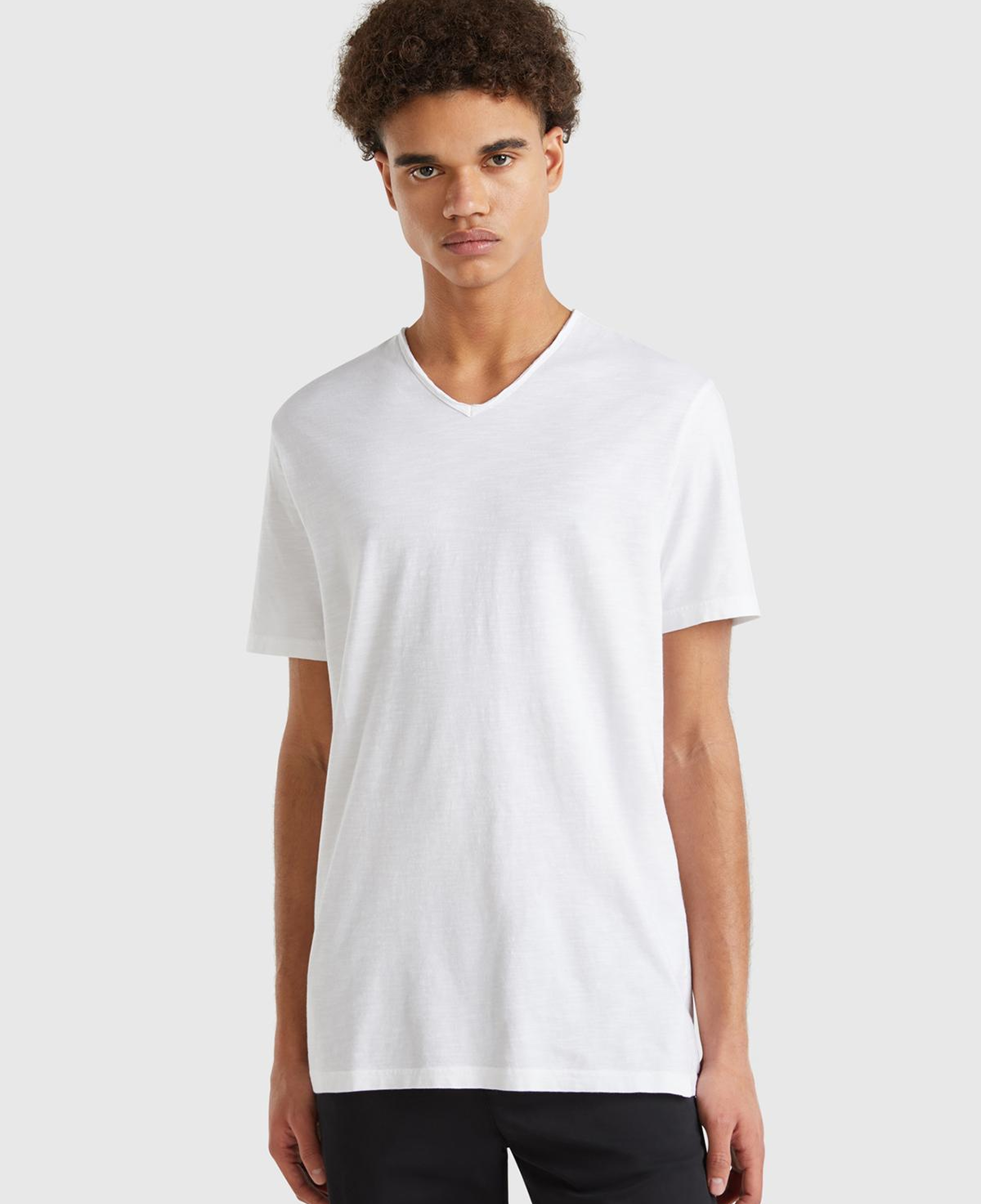 Erkek Beyaz V Yaka Slub T-shirt