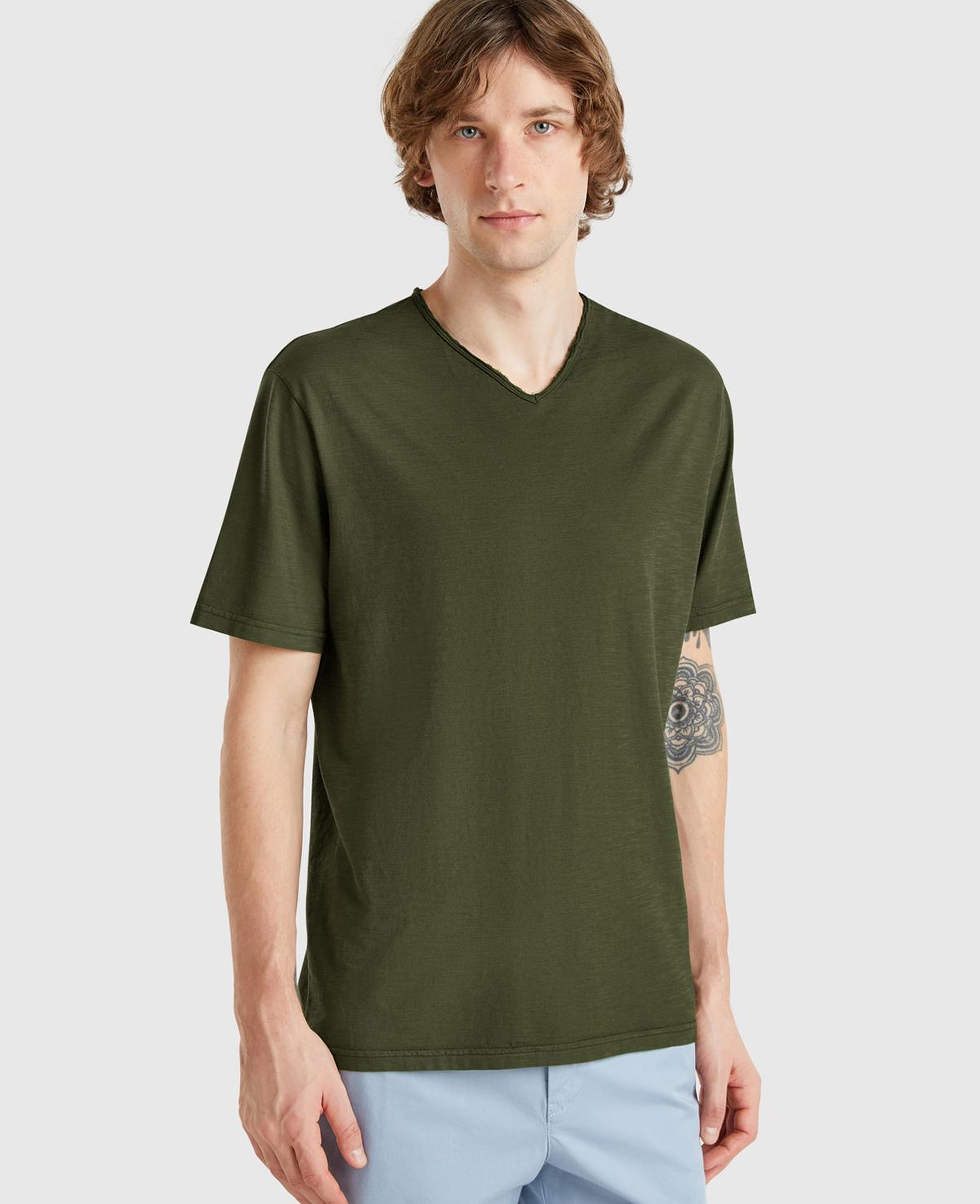 Erkek Koyu Yeşil V Yaka Slub T-shirt