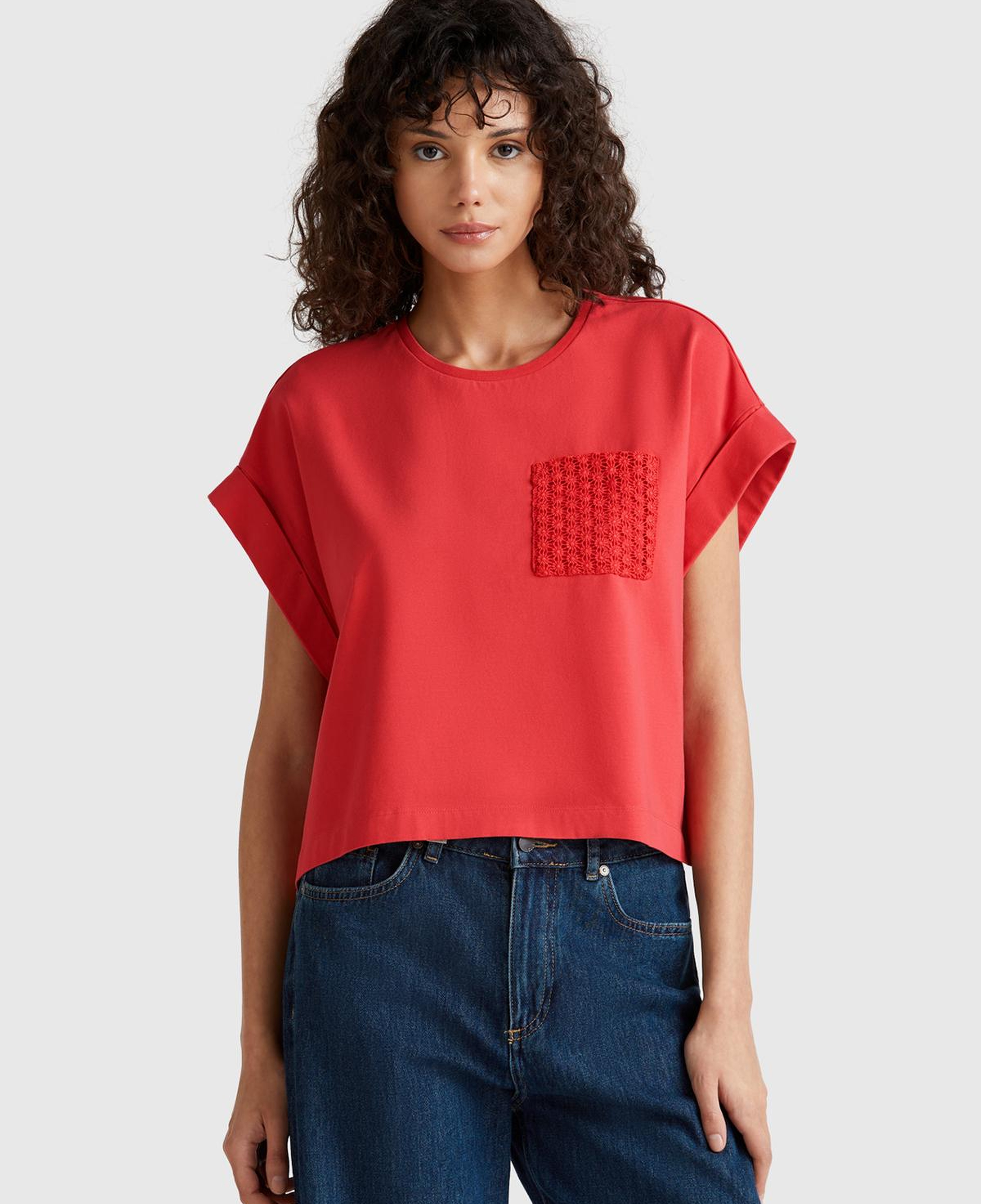 Kadın Mercan Dantel Detaylı Kısa Kol Esnek T-Shirt