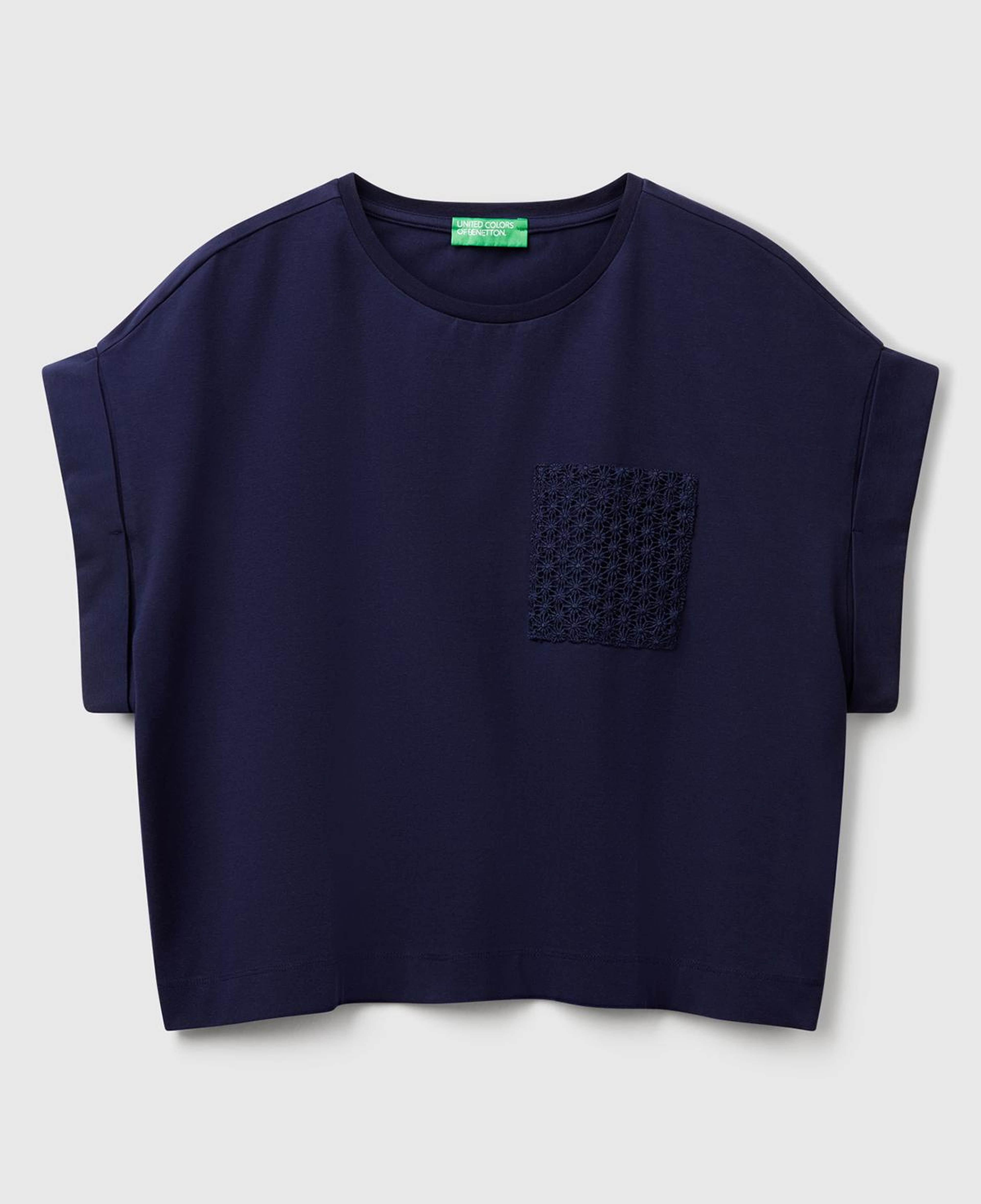 Kadın Lacivert Dantel Detaylı Kısa Kol Esnek T-Shirt