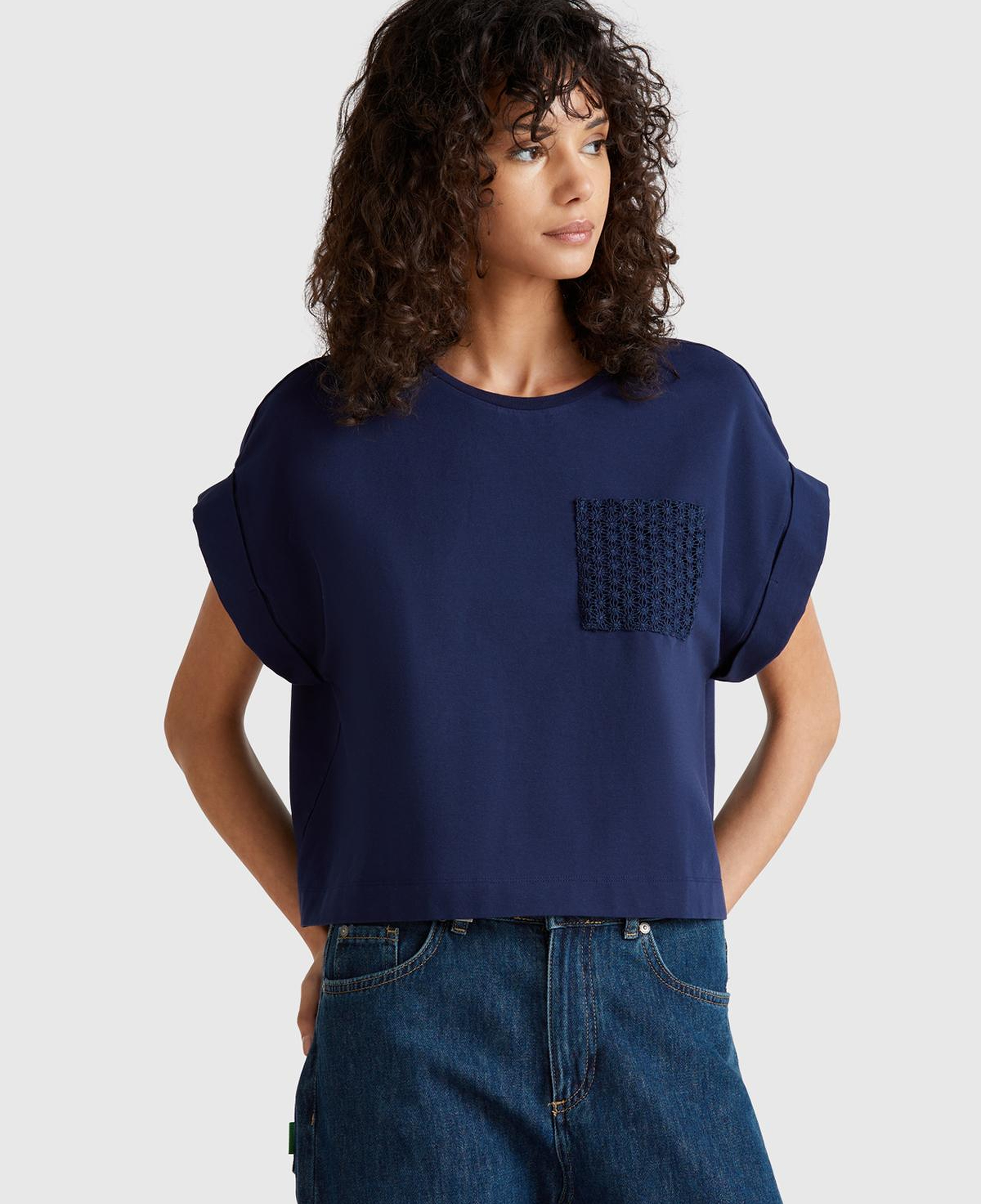 Kadın Lacivert Dantel Detaylı Kısa Kol Esnek T-Shirt