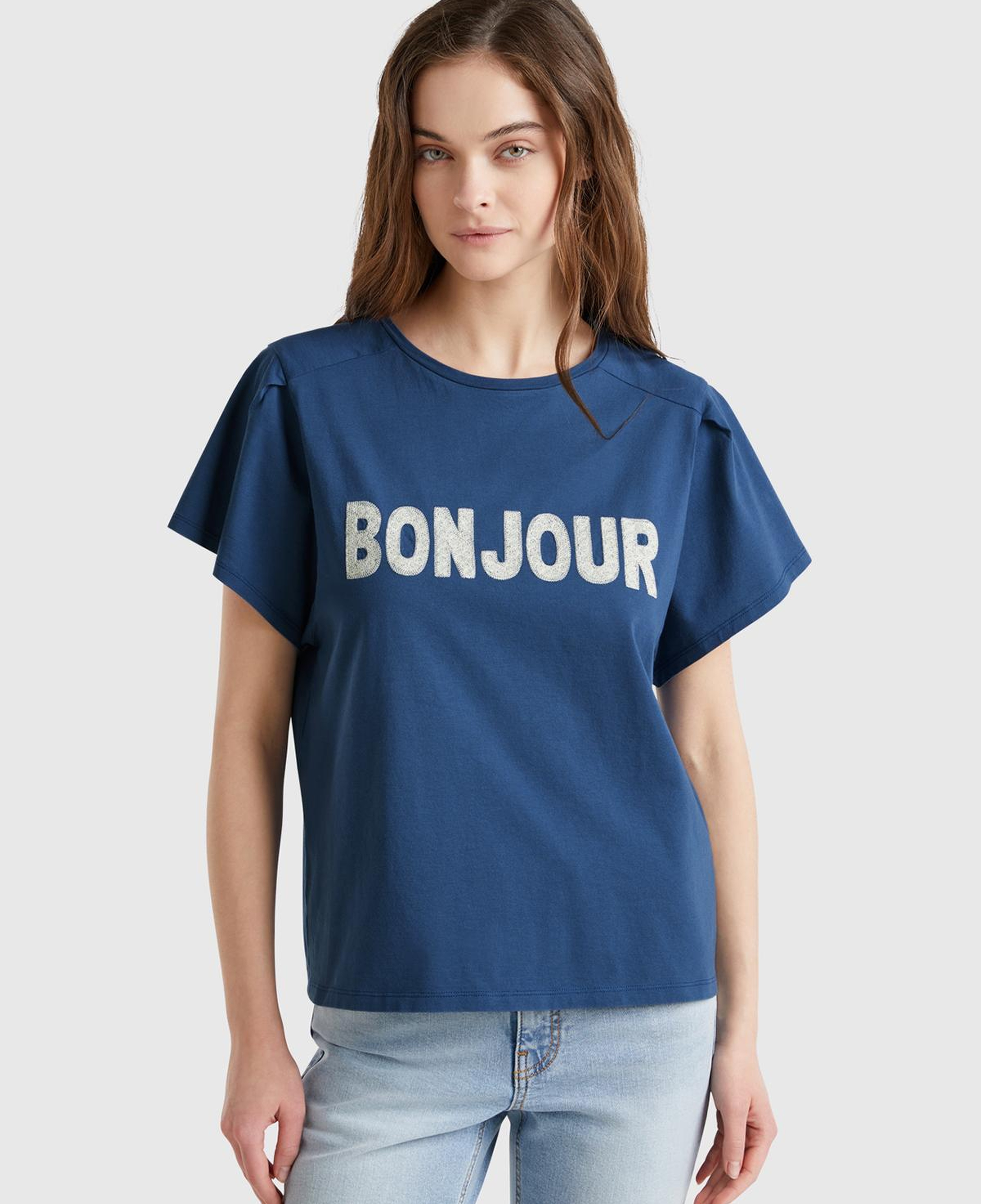 Kadın Denim %100 Pamuk Önü Yazı Baskılı Relax Fit T-Shirt
