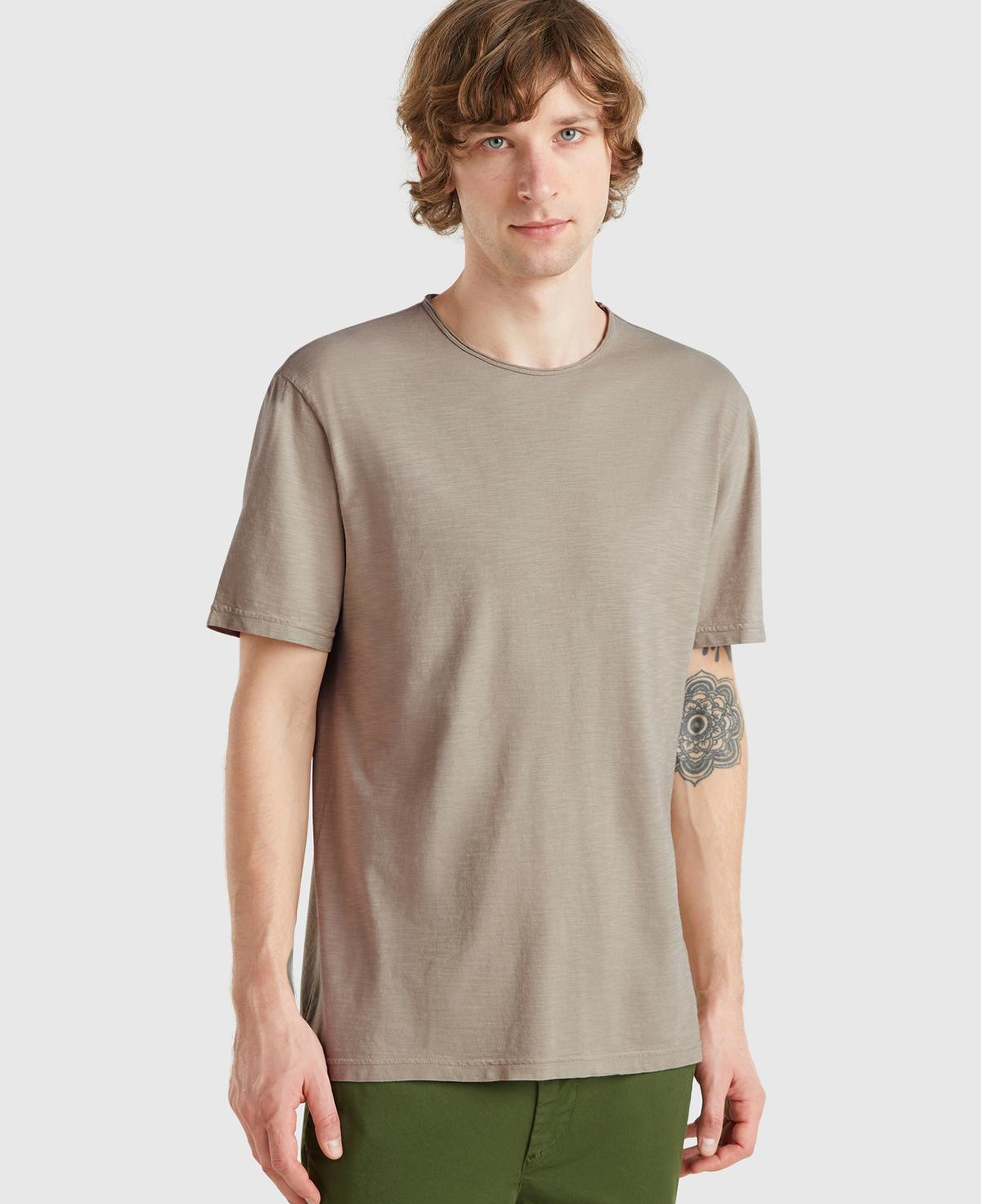 Erkek Bej Bisiklet Yaka Slub T-shirt